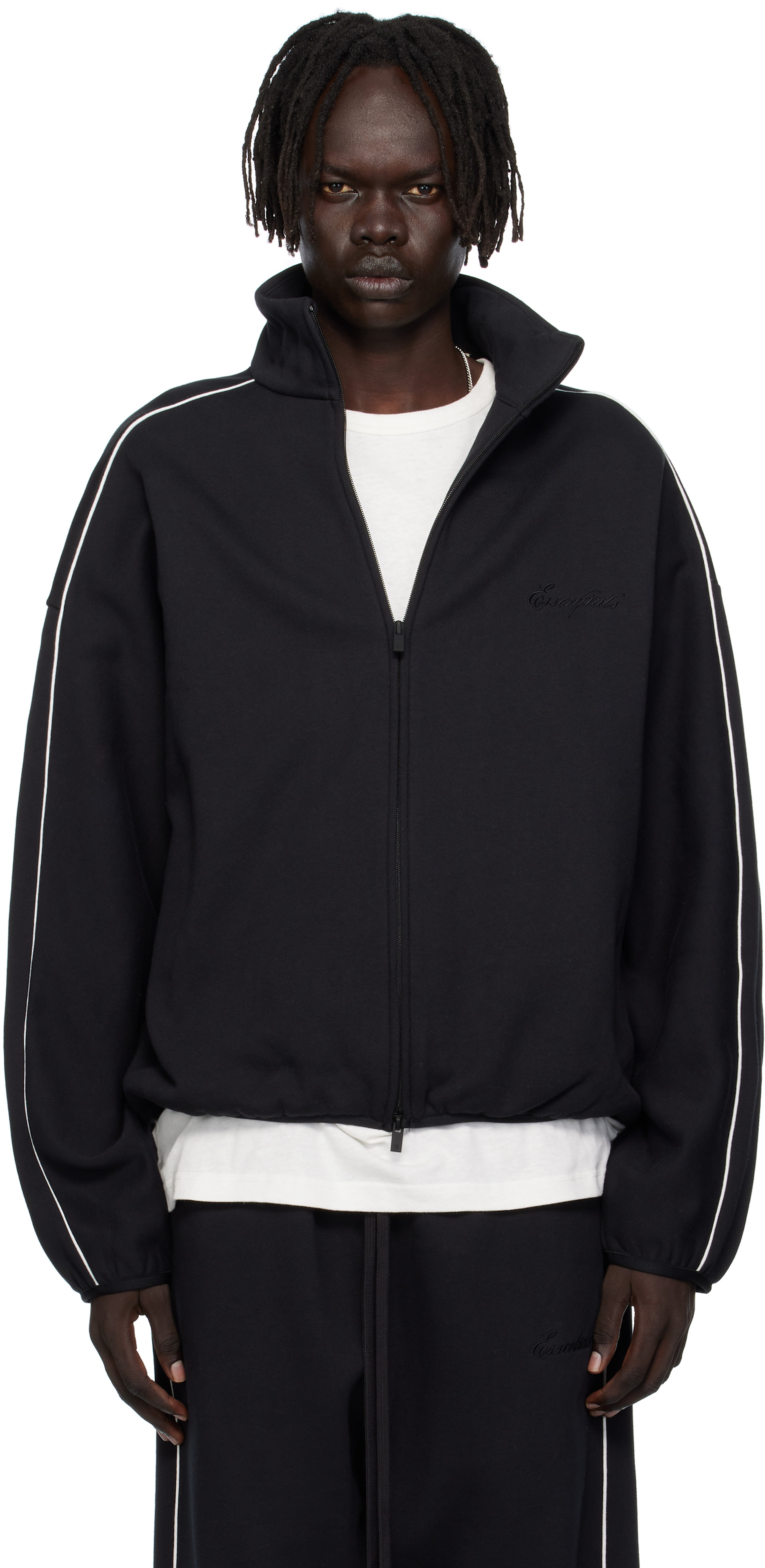 ESSENTIALS FEAR OF GOD ブラックジャケット XL Fear of God ESSENTIALS: Black Modern Fit Fleece Track Jacket | SSENSE