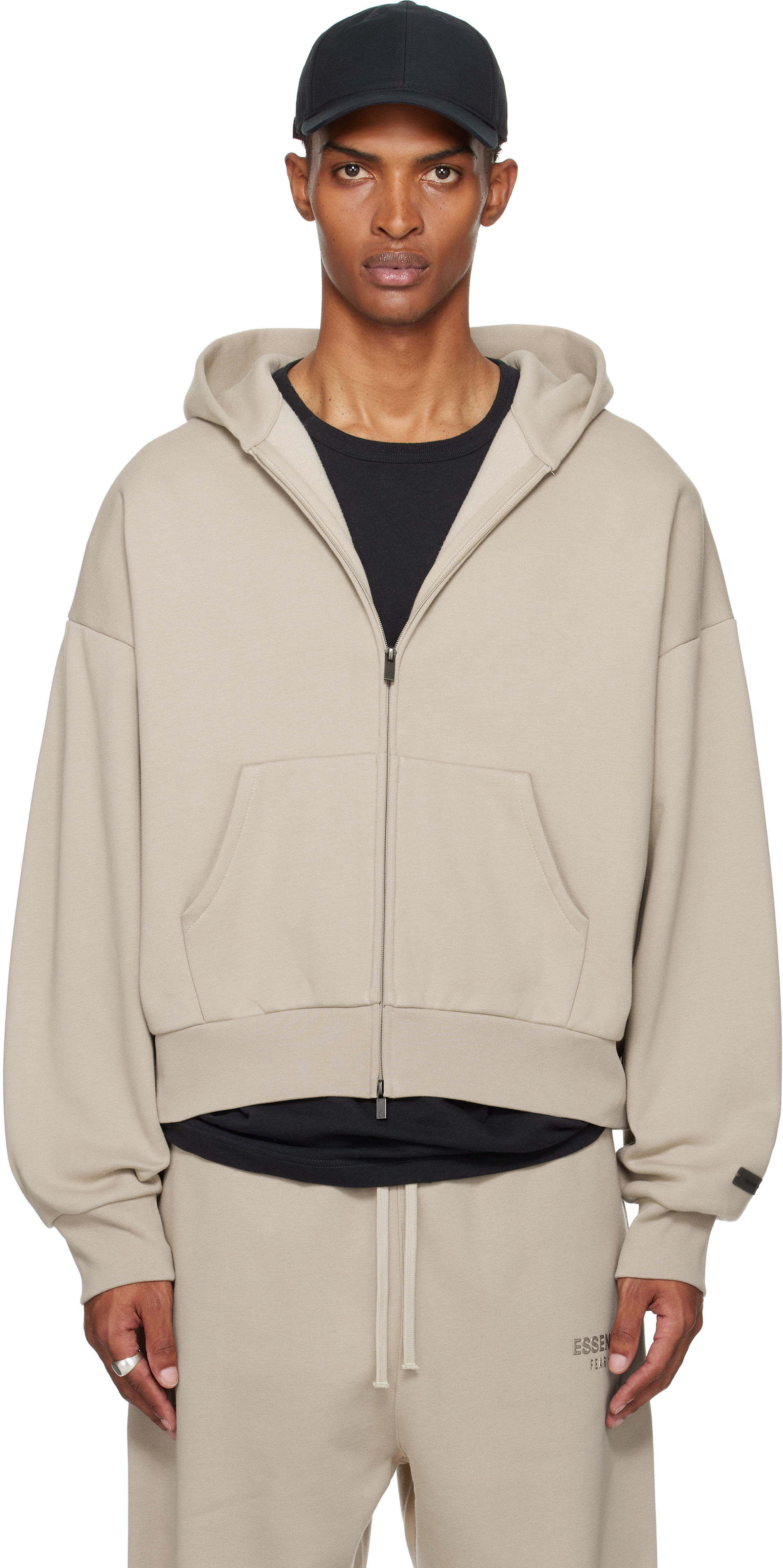 Fear of God ESSENTIALS: Taupe Classic Fit Fleece Zip-Up Hoodie