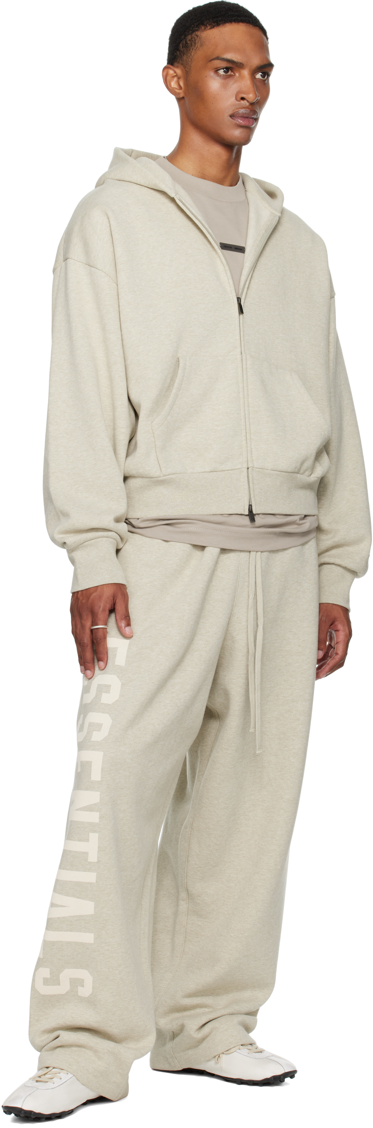 Fear of God ESSENTIALS: Beige Classic Fit Fleece Zip-Up Hoodie