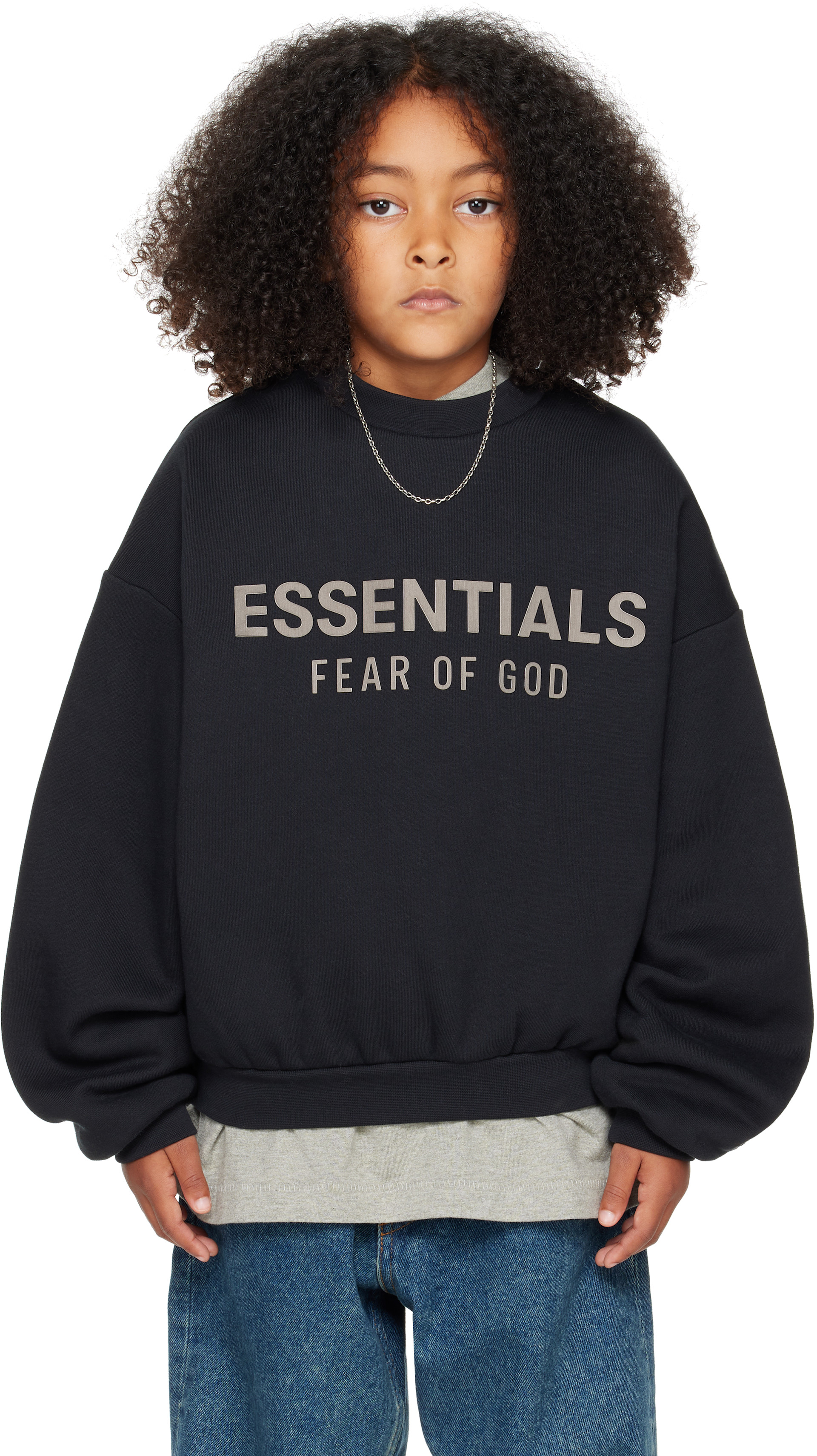 Fear of God ESSENTIALS - 키즈 블랙 플리스 크루넥 스웨트셔츠