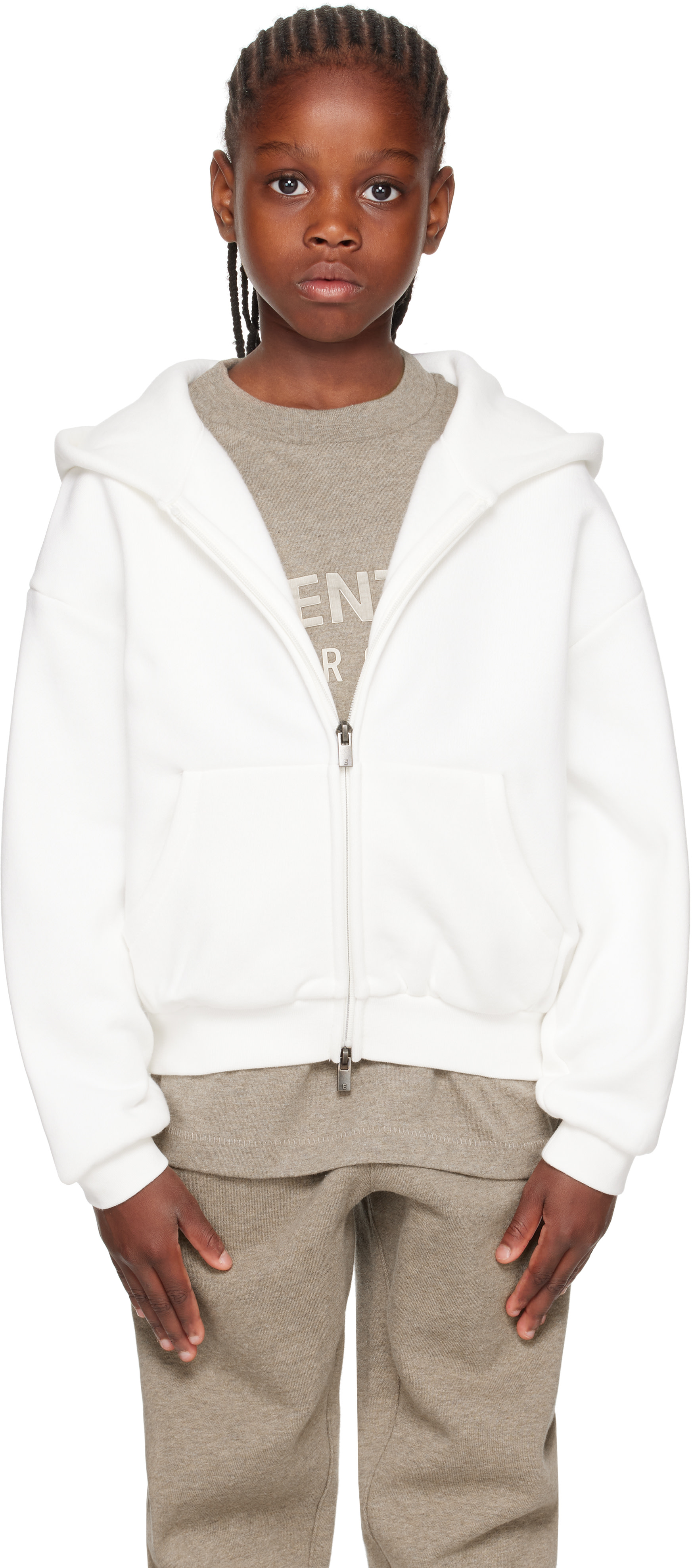 Fear of God ESSENTIALS: Kids White Classic Fleece Zip-Up Hoodie Fear of God ESSENTIALS: Kids White Classic Fleece Zip-Up Hoodie