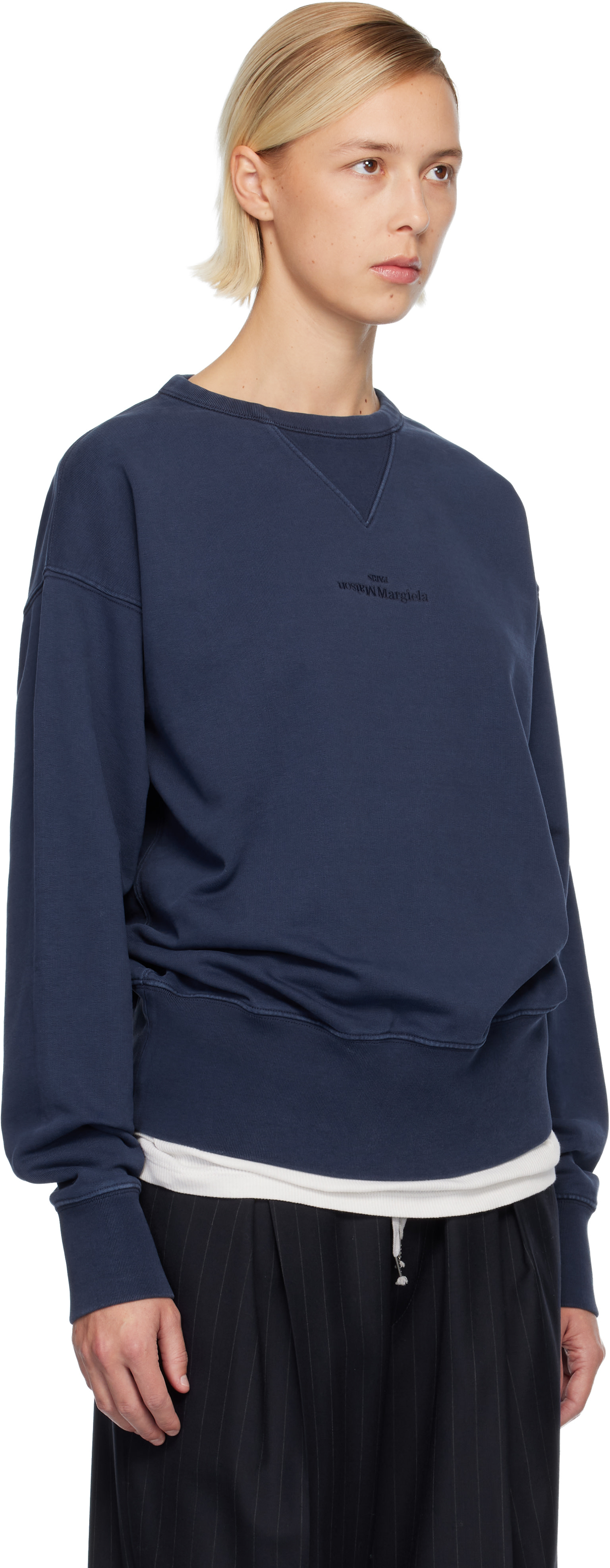 Maison Margiela: Navy Embroidered Logo Sweatshirt | SSENSE