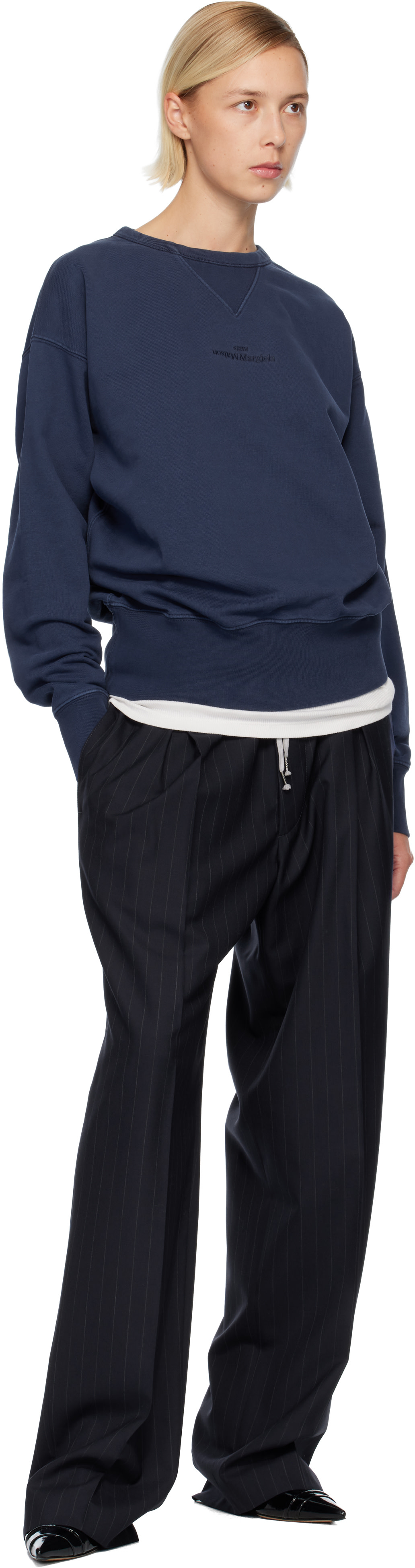 Maison Margiela: Navy Embroidered Logo Sweatshirt | SSENSE