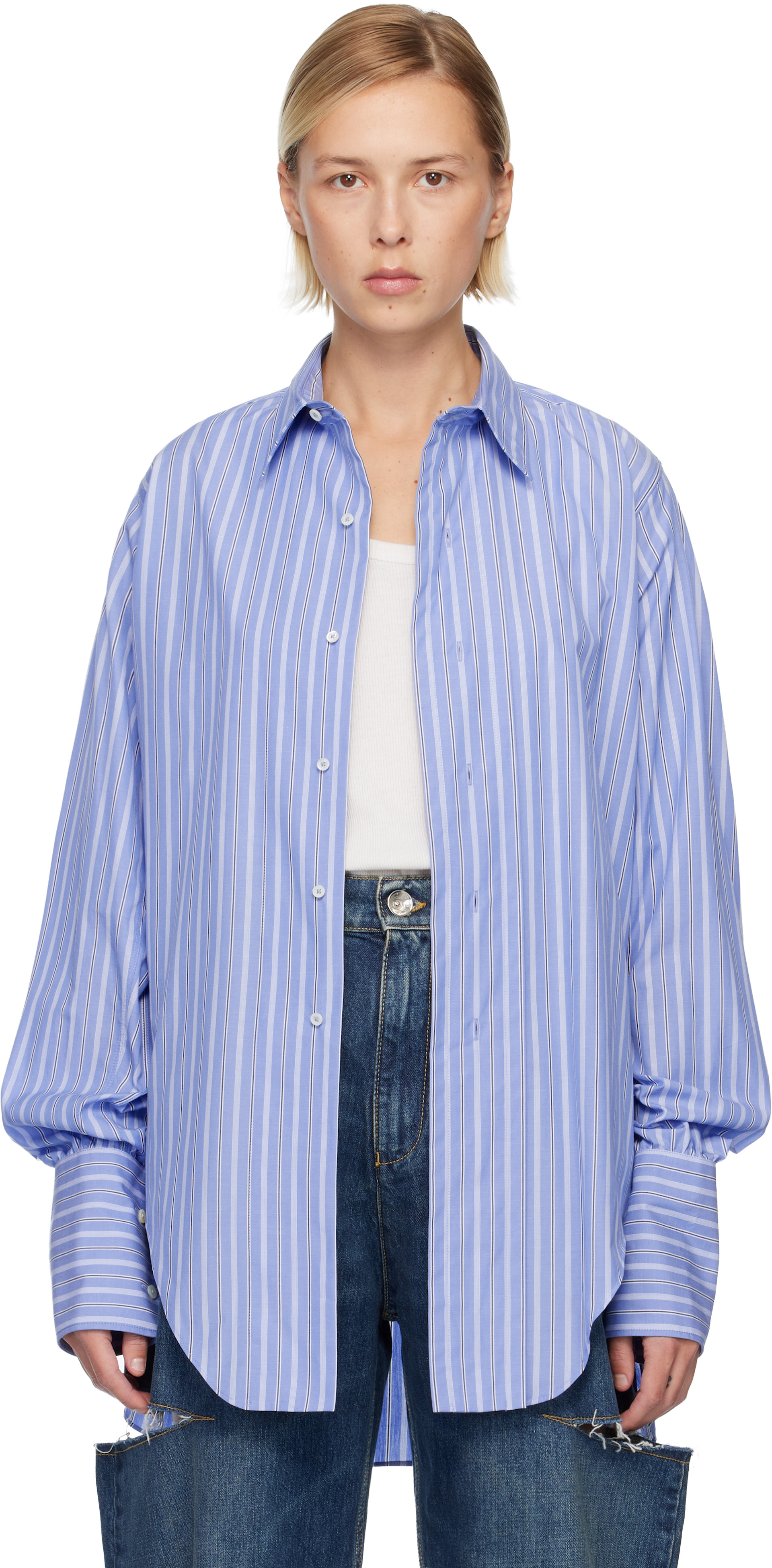 トップス maison margiela blue shirt Maison Margiela: Blue Cotton Shirt | SSENSE
