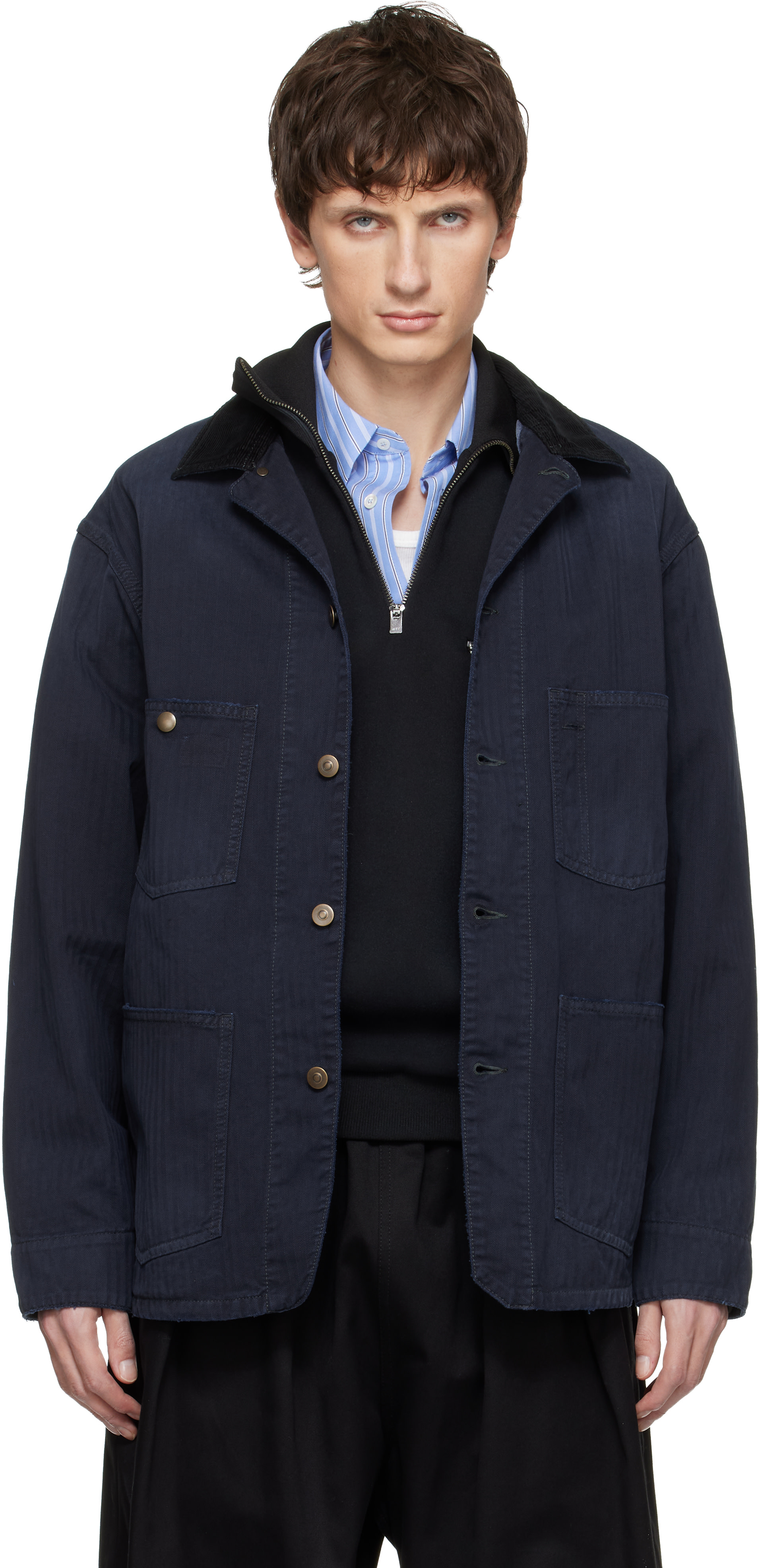 Maison Margiela: Navy Herringbone Workwear Jacket | SSENSE
