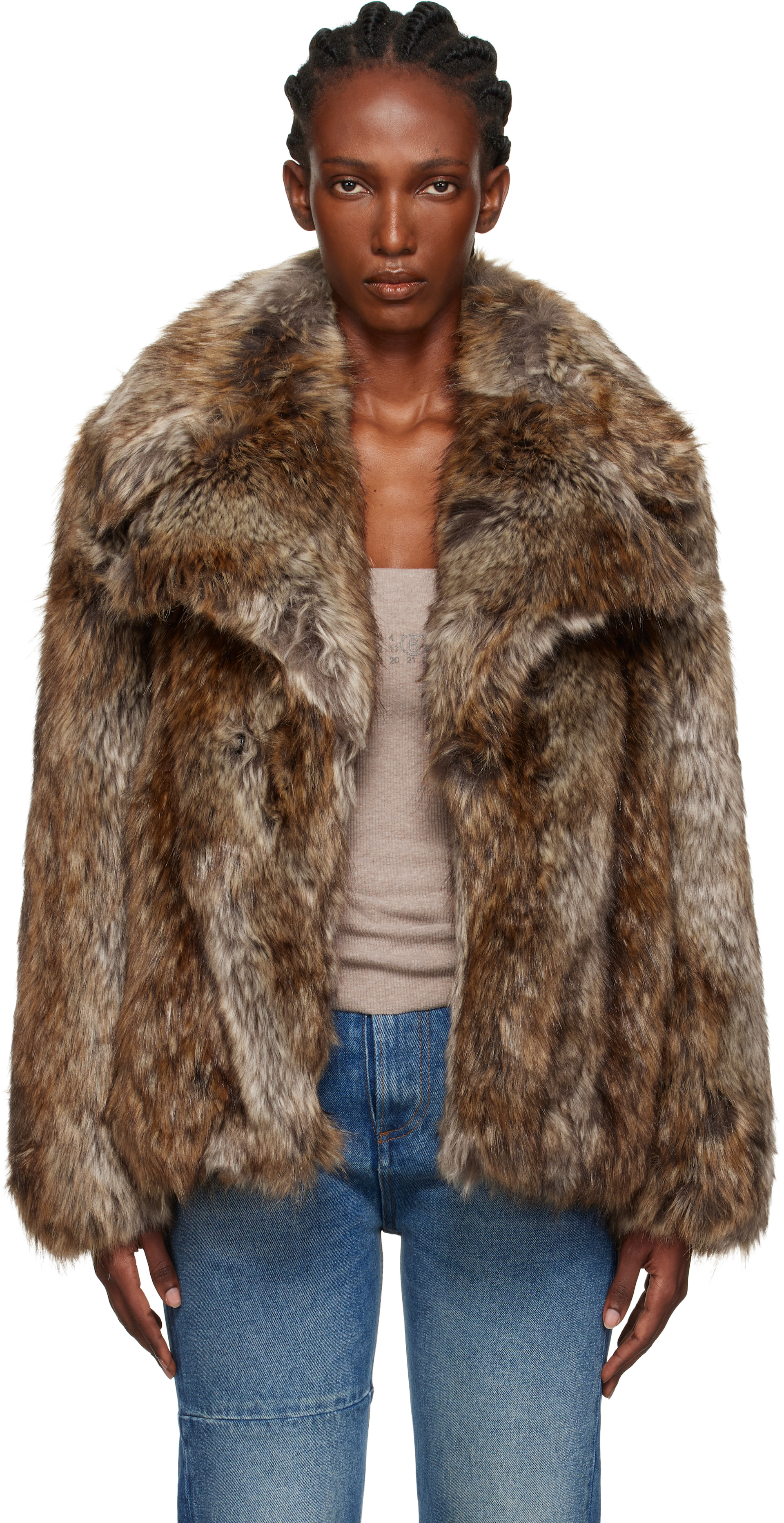 MM6 Maison Margiela: Brown & Beige Hook-Eye Faux-Fur Jacket