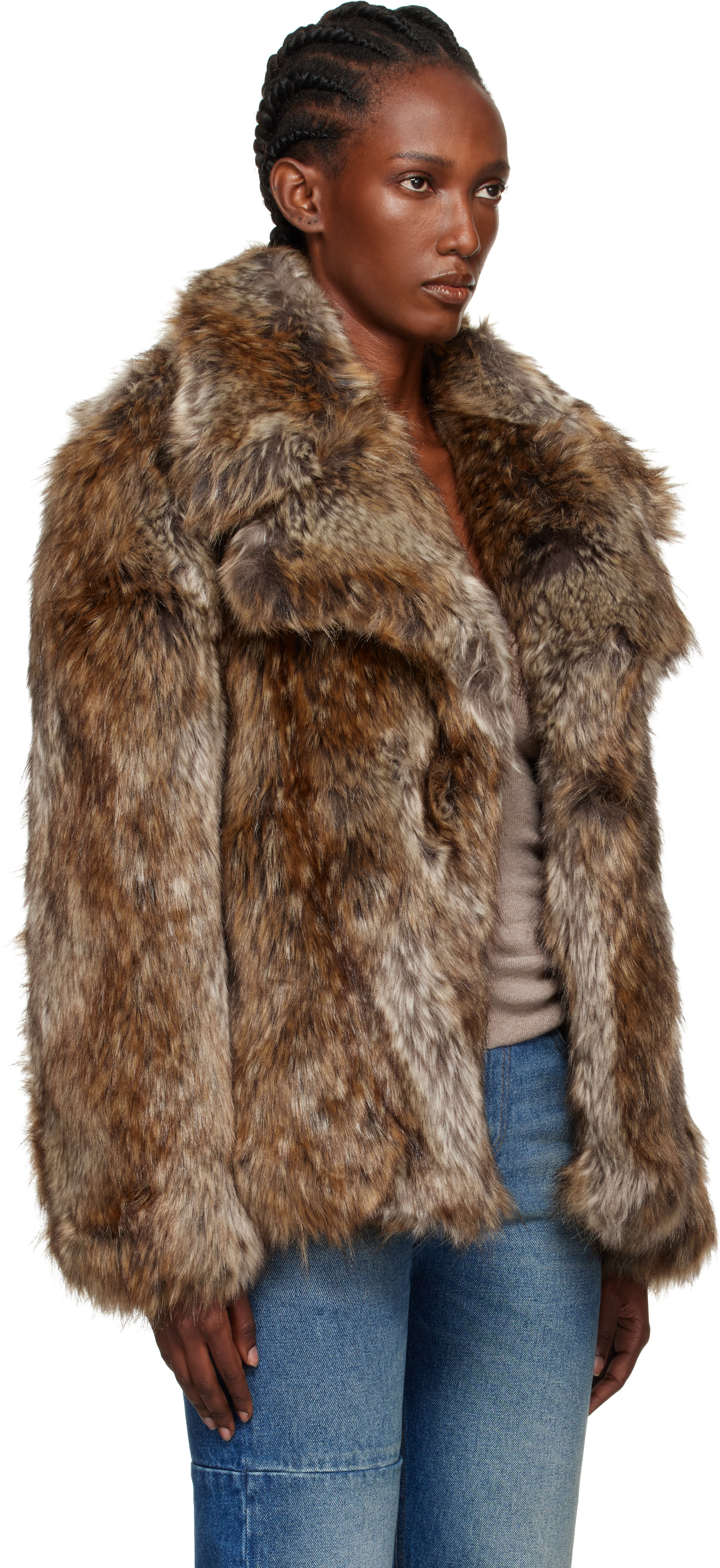 MM6 Maison Margiela: Brown & Beige Hook-Eye Faux-Fur Jacket