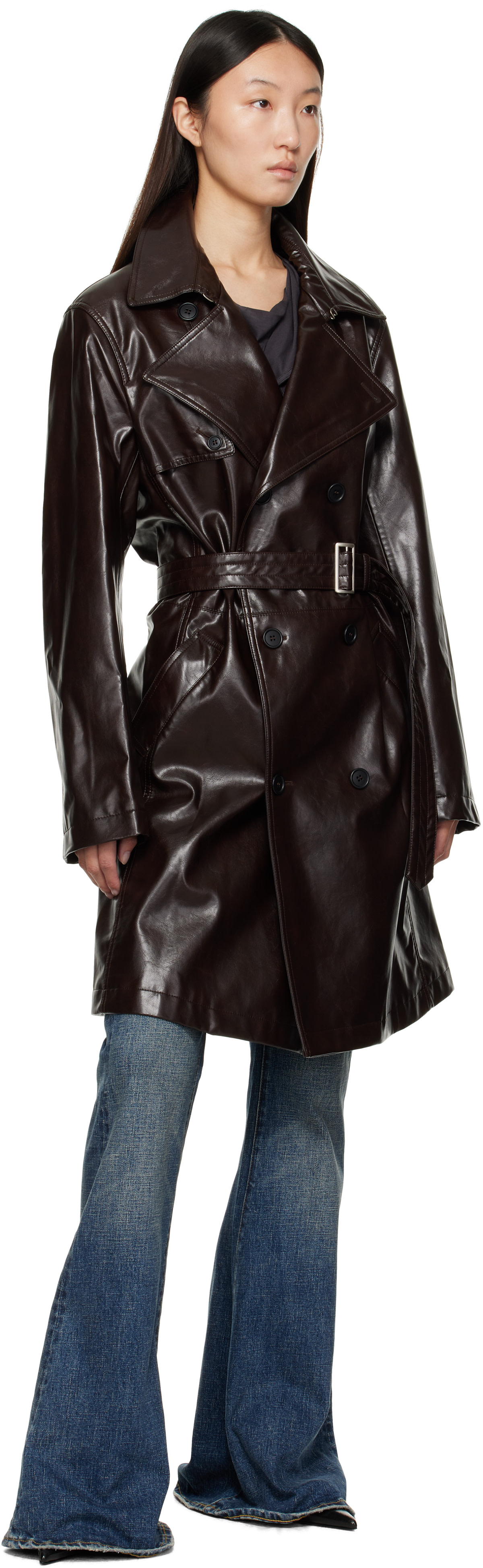 MM6 Maison Margiela: Burgundy Rain Faux-Leather Trench Coat | SSENSE