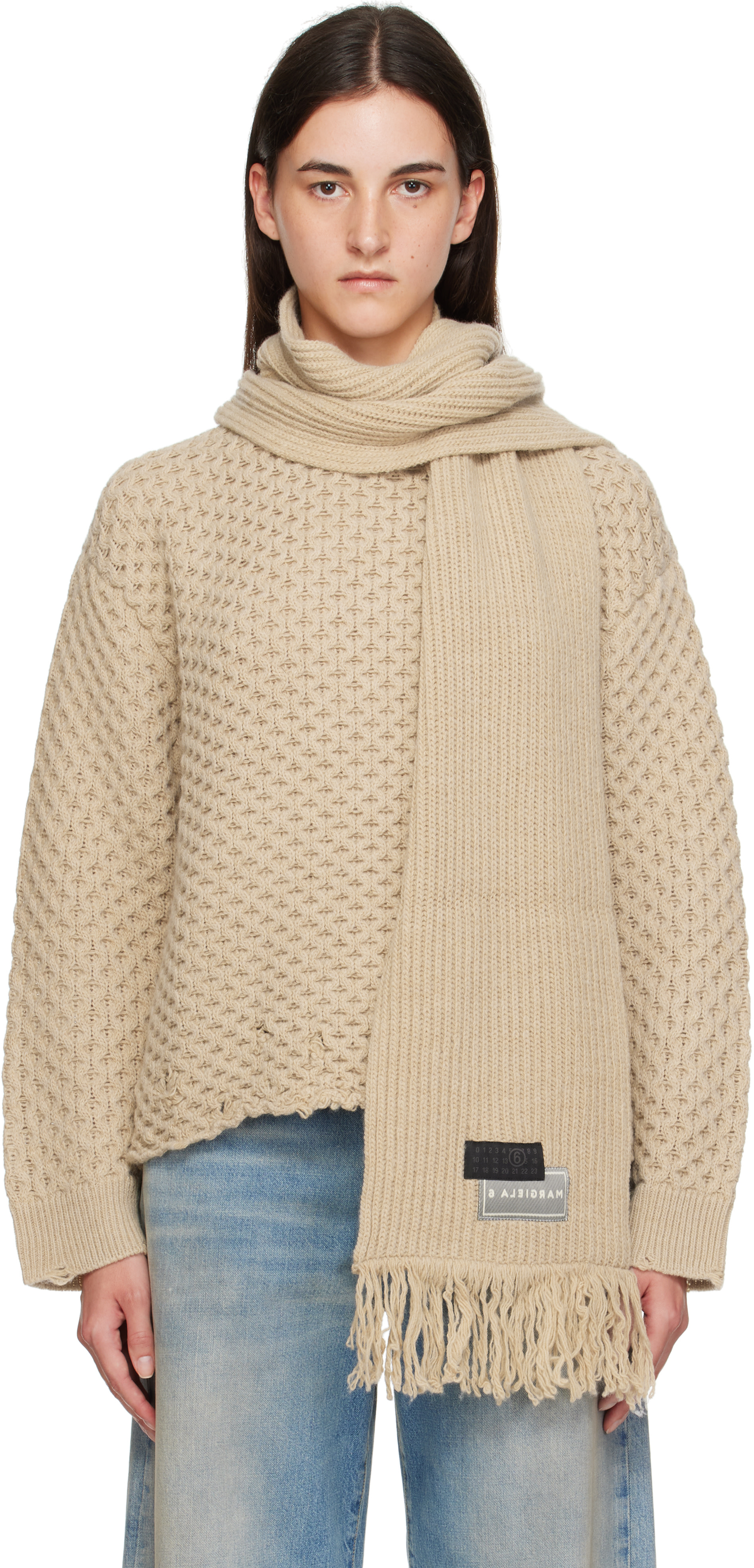 MM6 Maison Margiela: Beige Scarf Knit Sweater | SSENSE