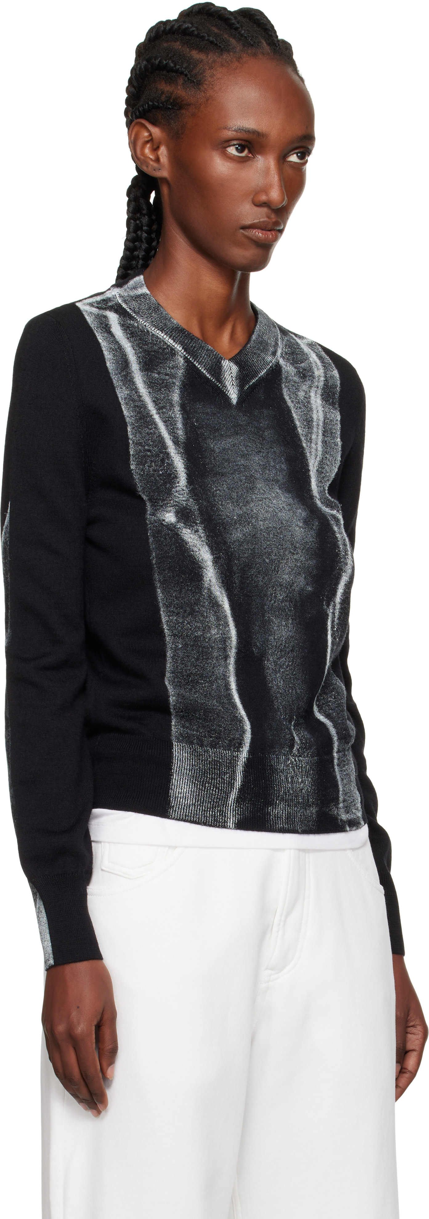 MM6 Maison Margiela: Black Folded Printed Gauge 14 V-neck Sweater