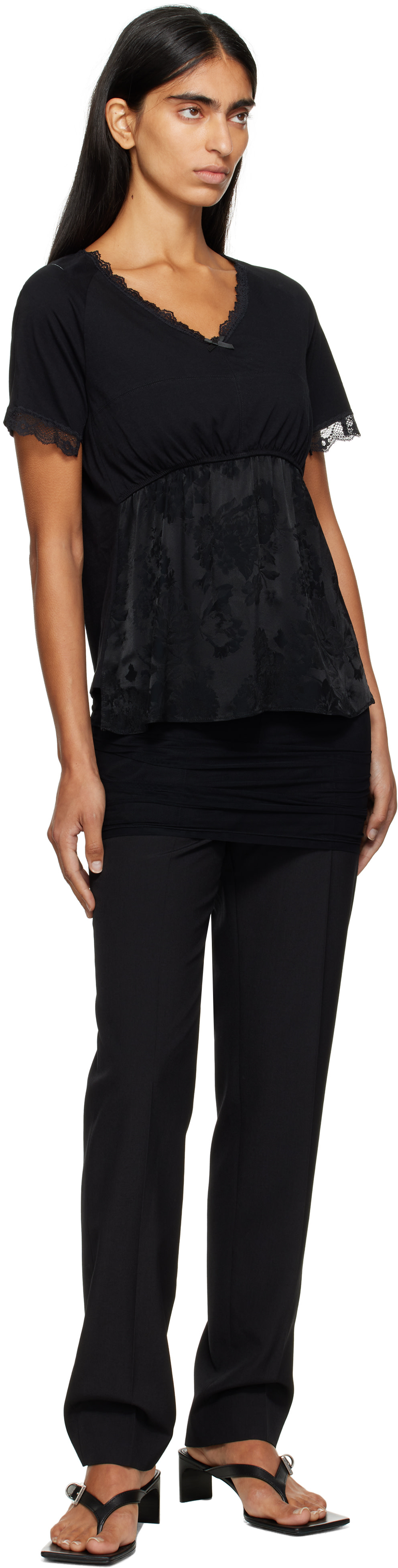 MM6 Maison Margiela: Black Cotton Jersey & Lace T-shirt | SSENSE