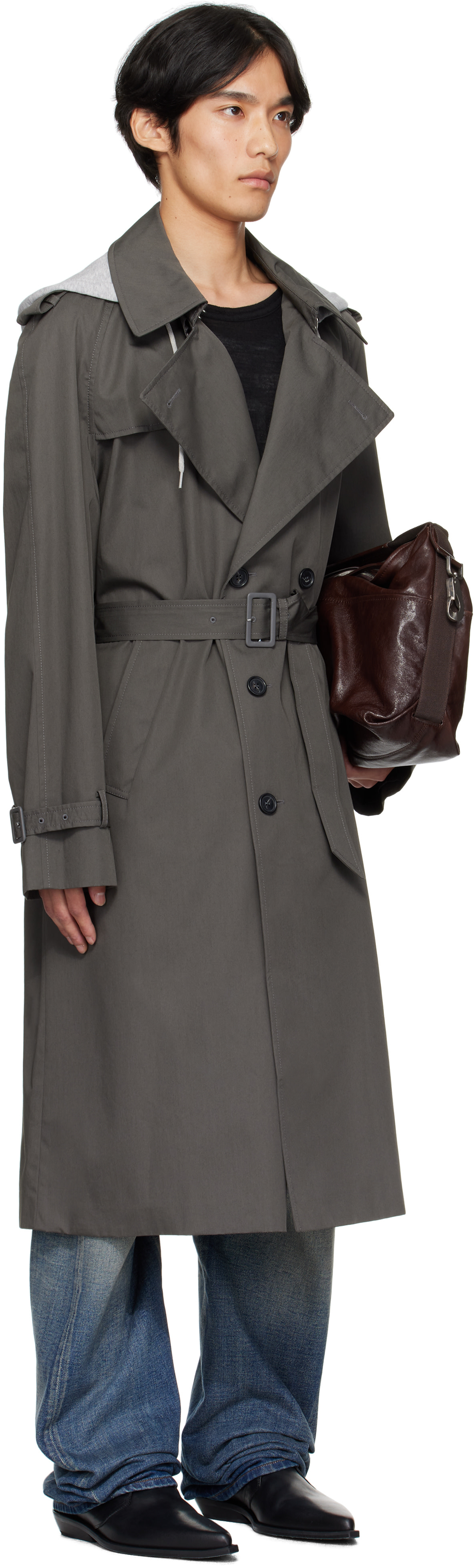 mm6 MM6 ダブルブレスト ロングコート 36 グレー　アウター MM6 Maison Margiela: グレー ダブルブレスト トレンチコート | SSENSE