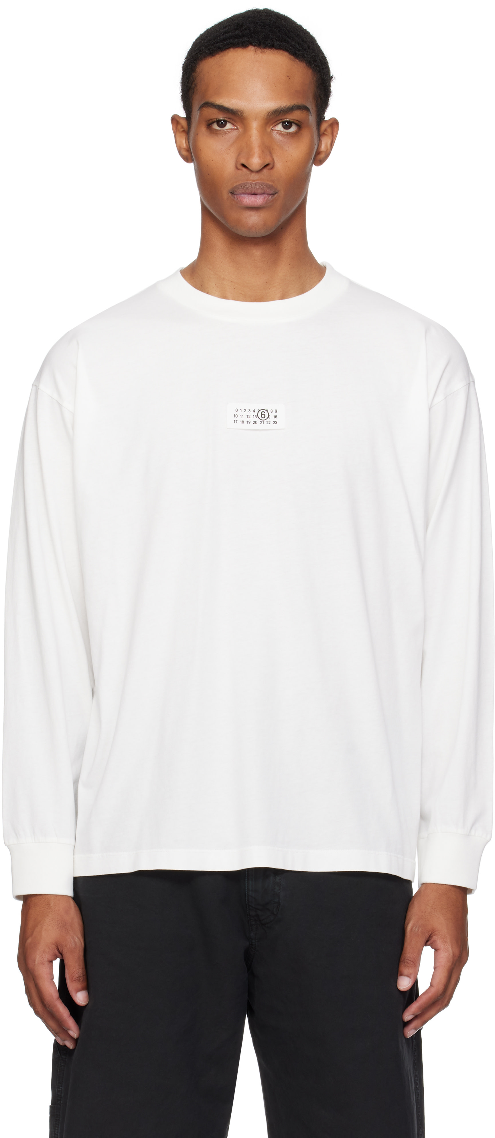 MM6 Maison Margiela: White Long-Sleeved Numeric Signature T-shirt 