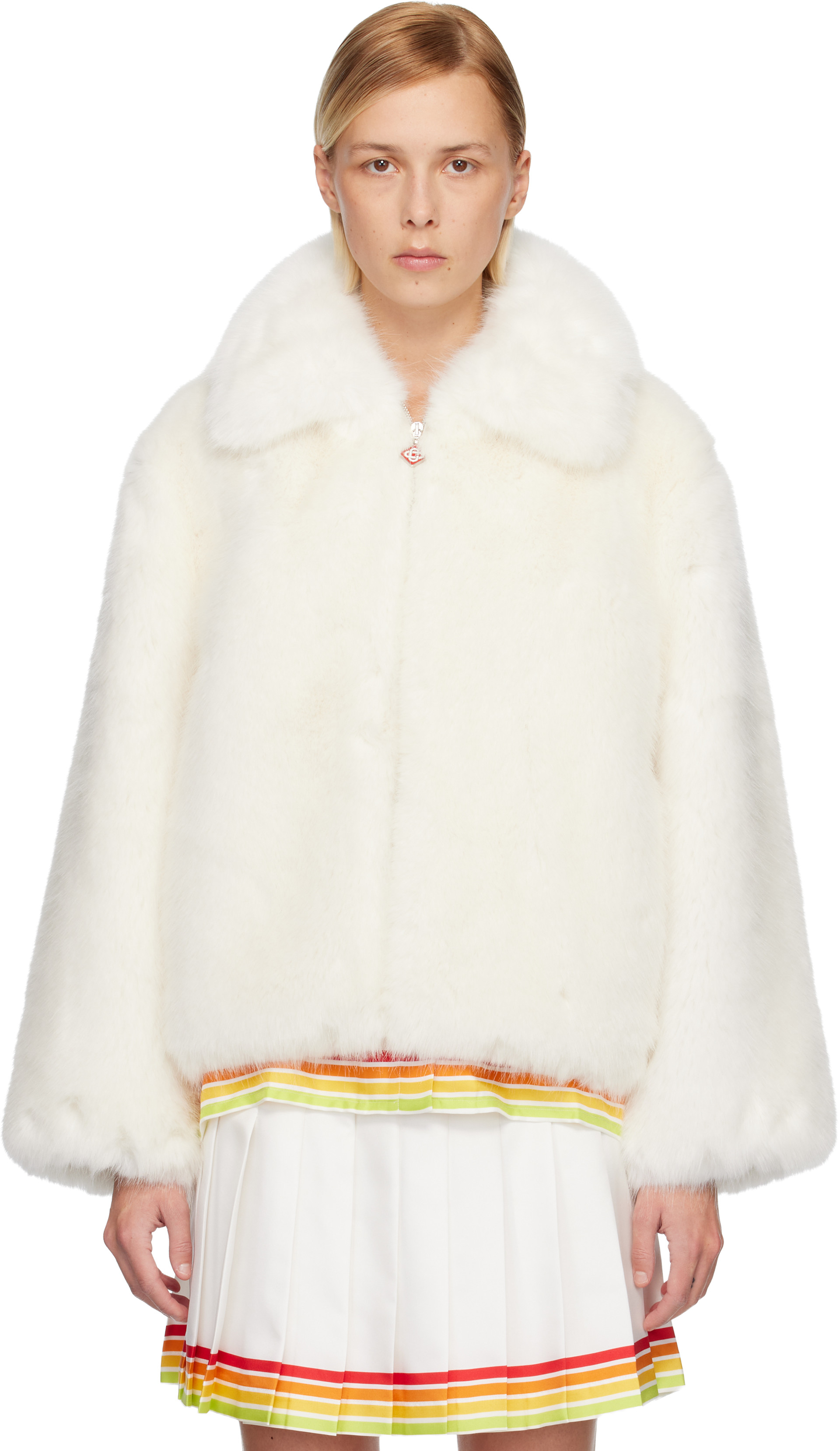 Casablanca: White Zip Faux-Fur Jacket | SSENSE