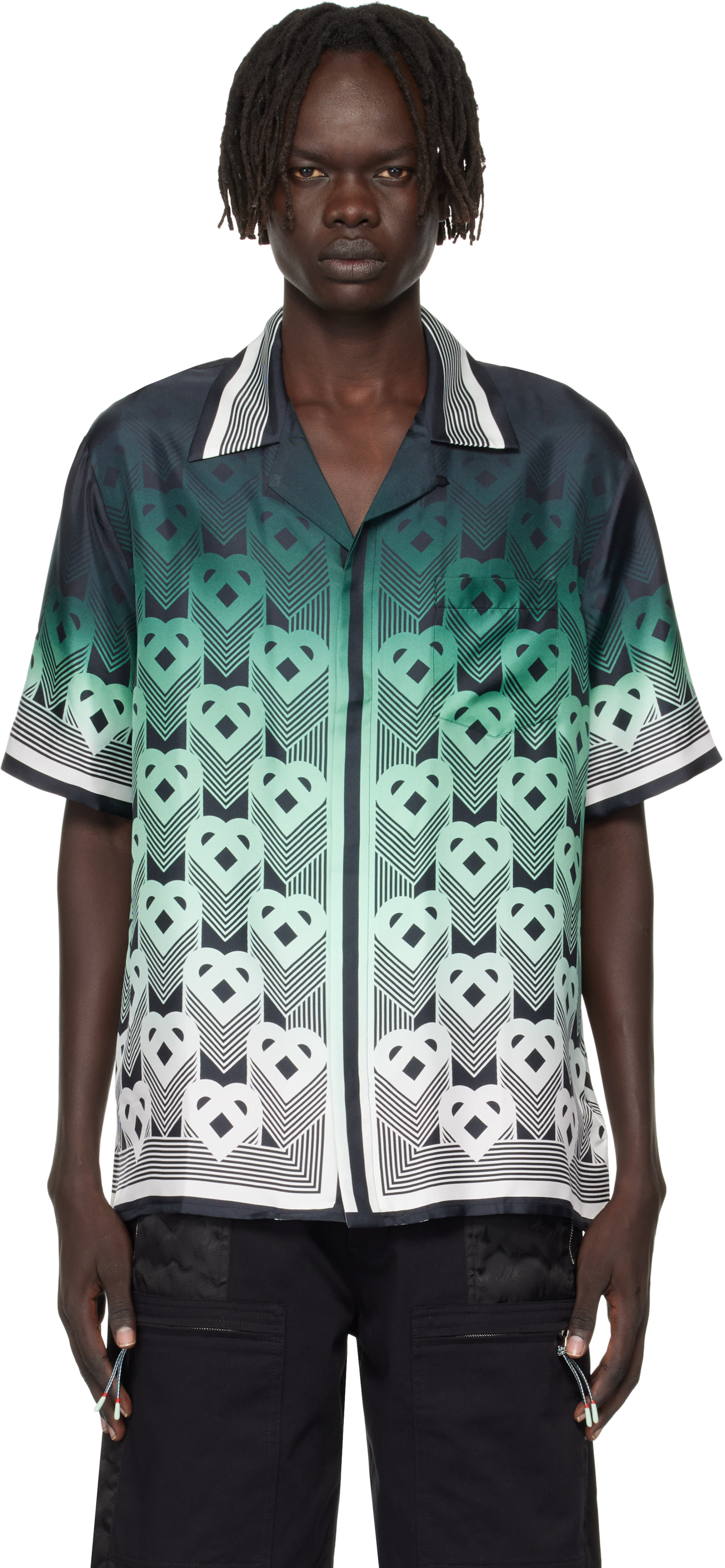 Casablanca 半袖シャツ 正規品　Lサイズ　購入時のレシート有り Casablanca: グリーン＆ブラック Gradient Monogram シルク 半袖シャツ