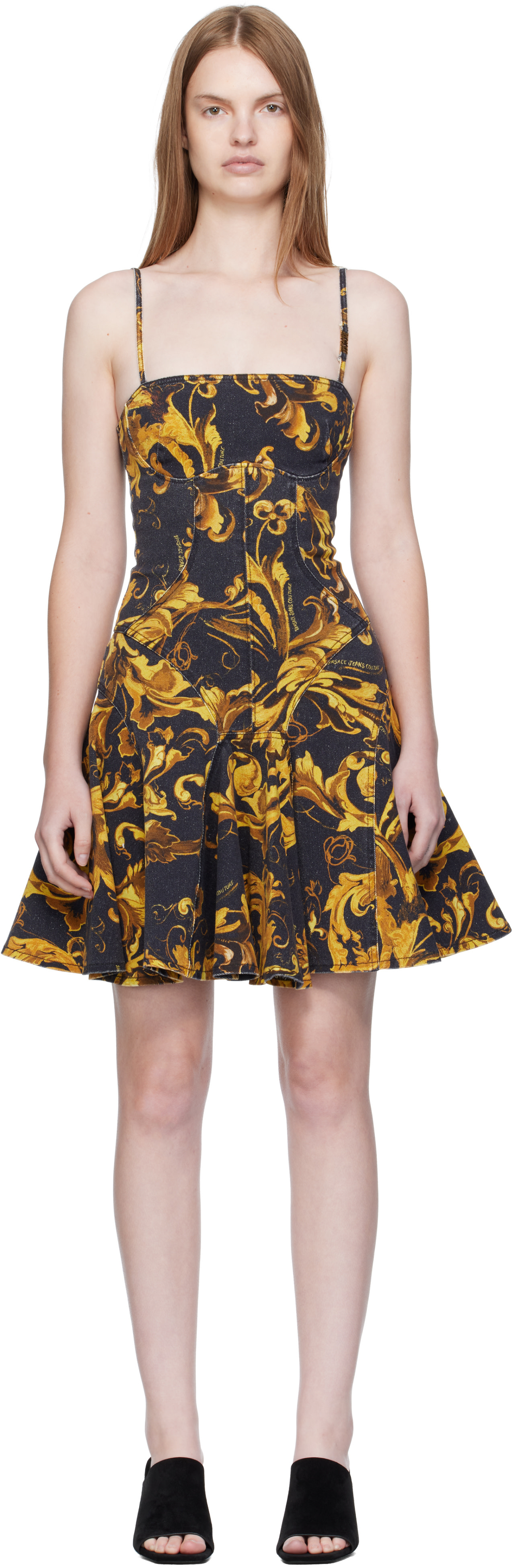 VERSACE JEANS COUTURE ワンピース Versace Jeans Couture: ブラック＆イエロー ポーセリン バロッコ ミニ