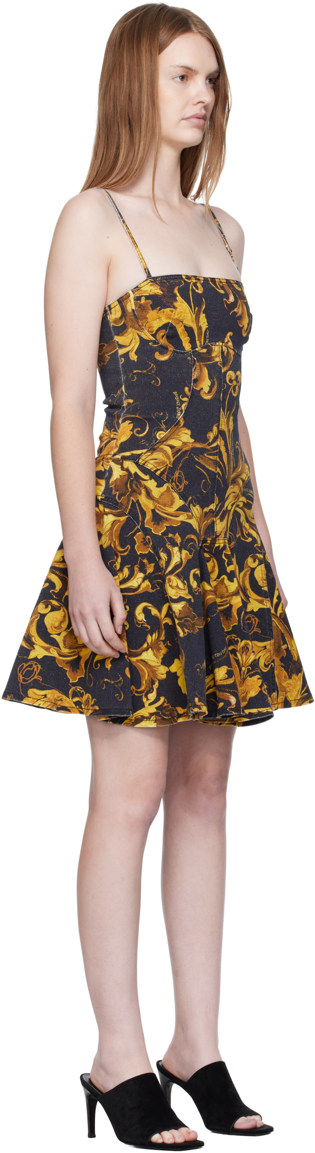 Versace Jeans Couture: Black & Yellow Porcelain Barocco Minidress