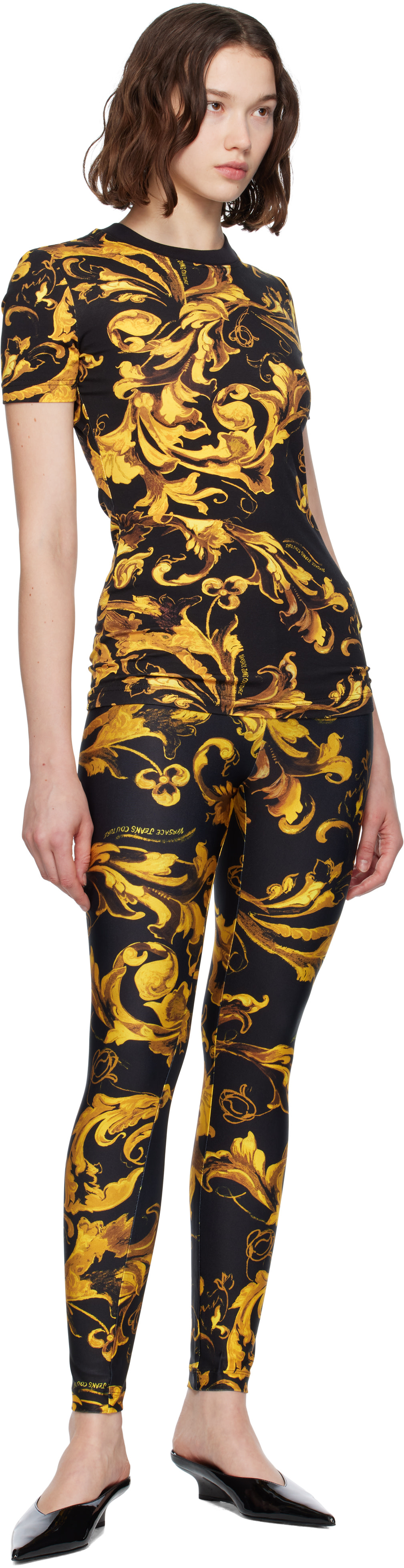 Versace Jeans Couture: Black & Gold Lycra Barocco Leggings | SSENSE