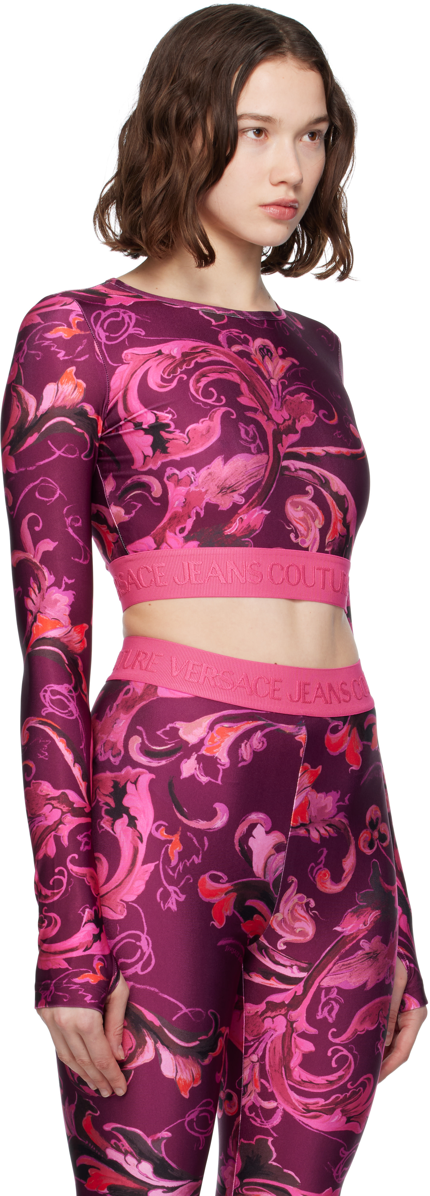 Versace Jeans Couture: Pink & Purple Lycra Barocco T-shirt | SSENSE Versace Jeans Couture: Pink & Purple Lycra Barocco T-shirt | SSENSE