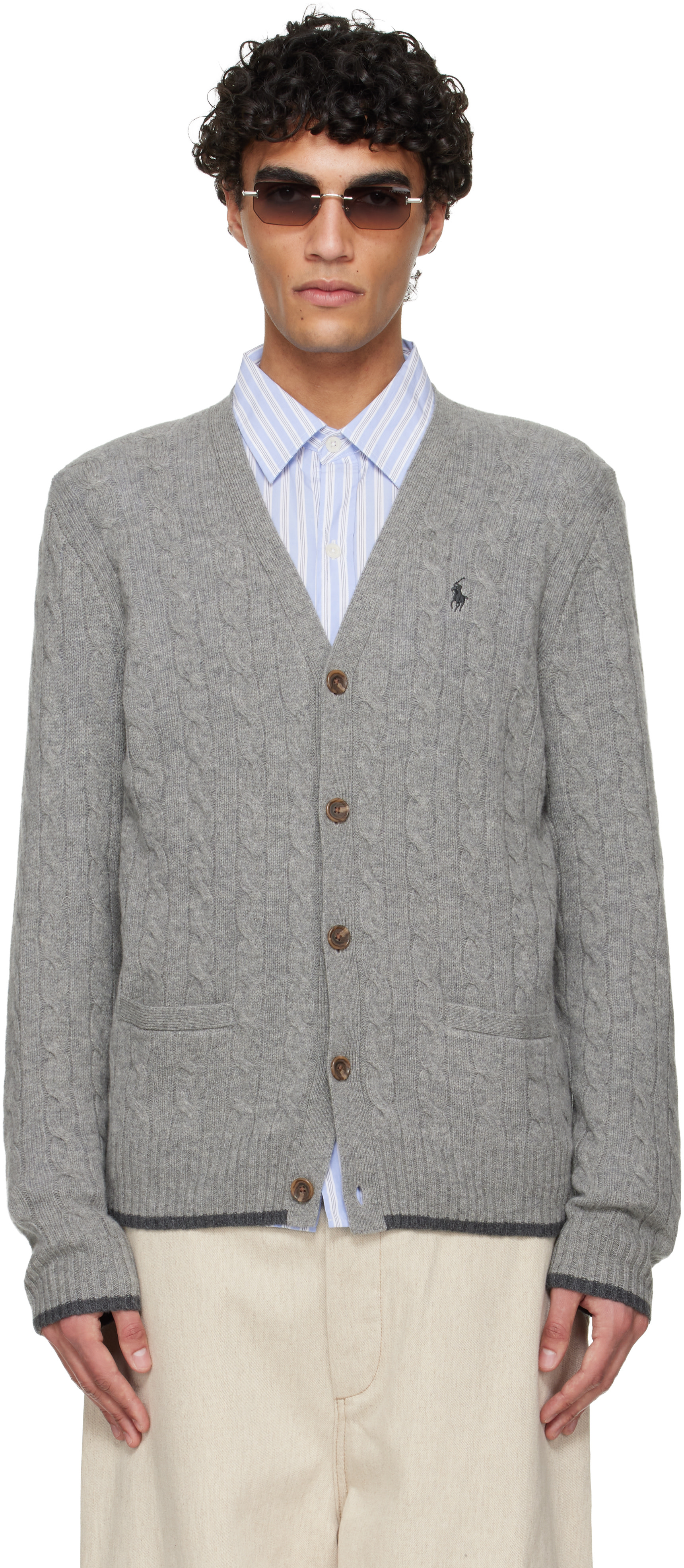 Polo Ralph Lauren: Gray Cable-Knit Wool-Cashmere Cardigan | SSENSE