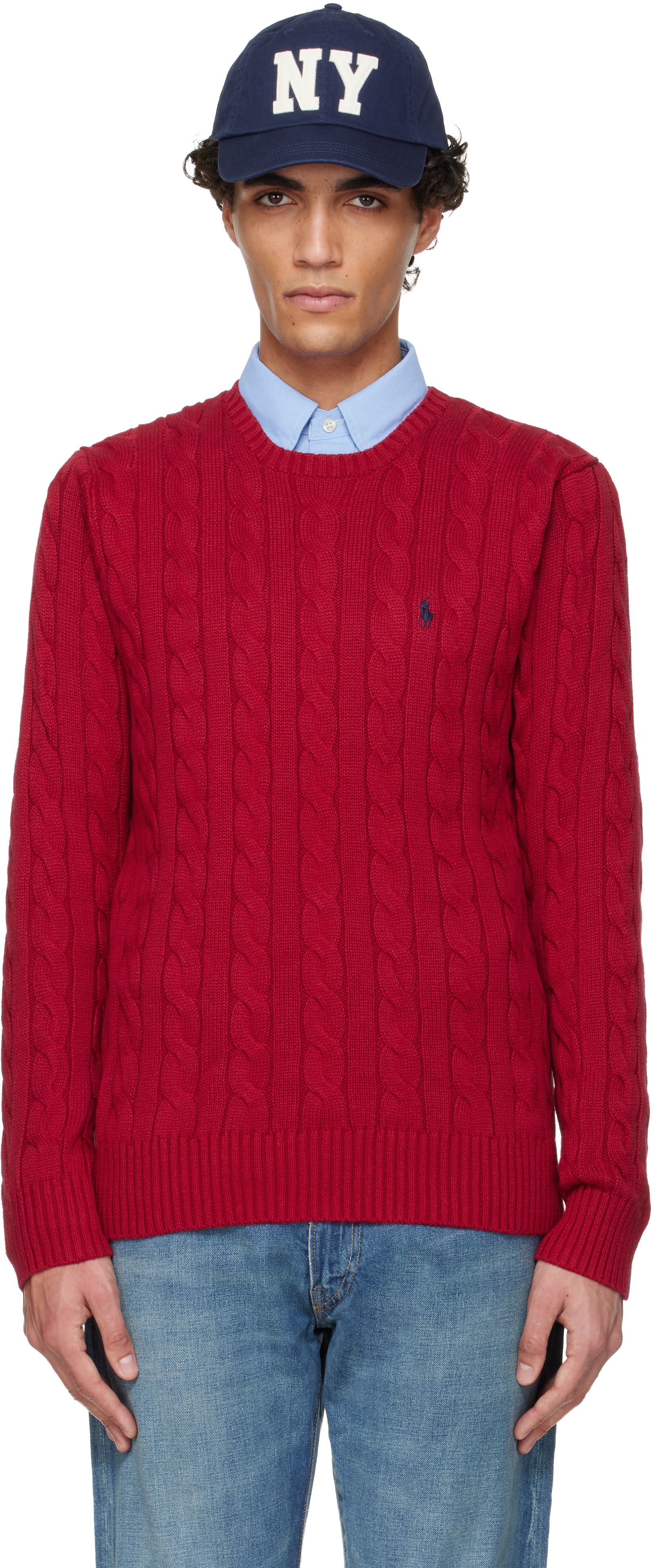 Polo Ralph Lauren: Red Cable-Knit Cotton Sweater | SSENSE