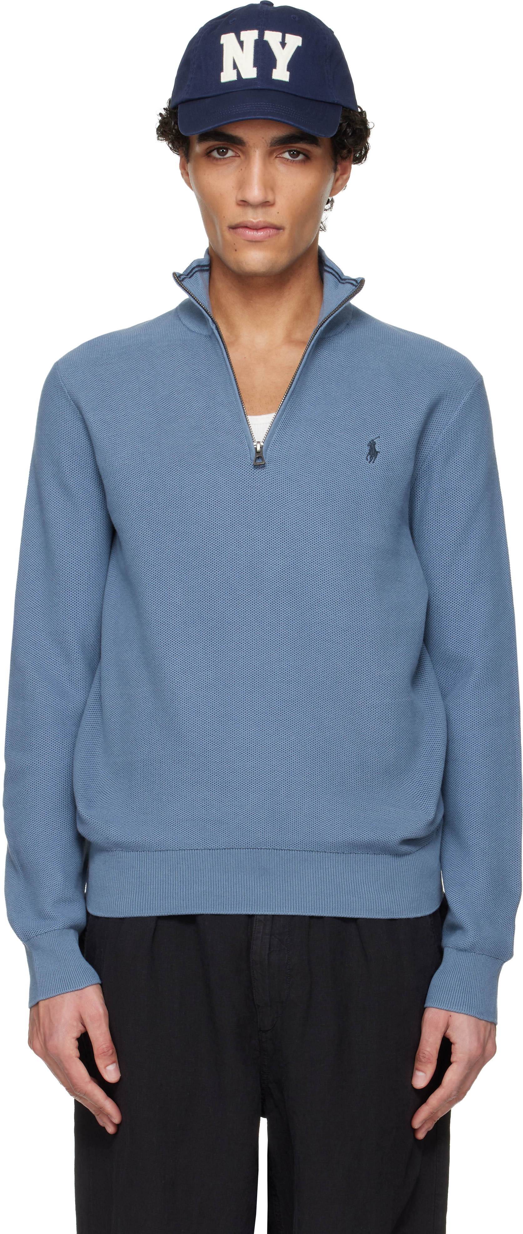 Polo Ralph Lauren: Blue Cotton Quarter-Zip Sweater | SSENSE Canada