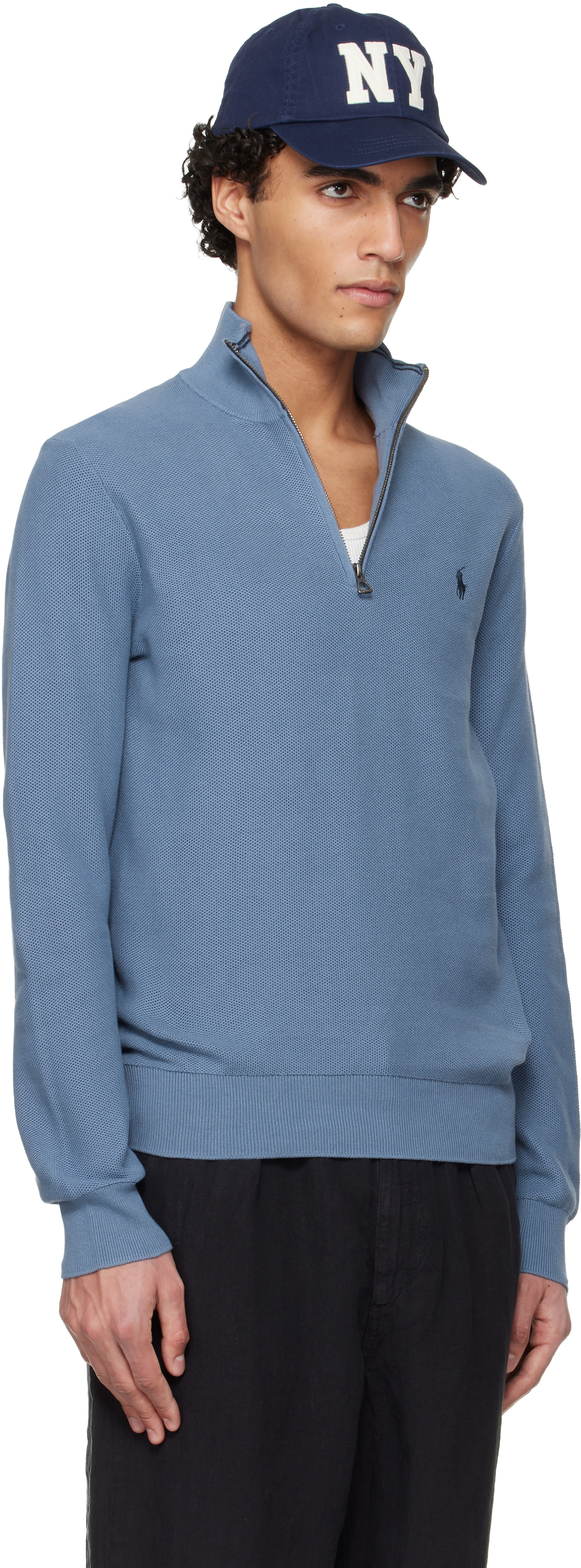 Polo Ralph Lauren: Blue Cotton Quarter-Zip Sweater | SSENSE Canada