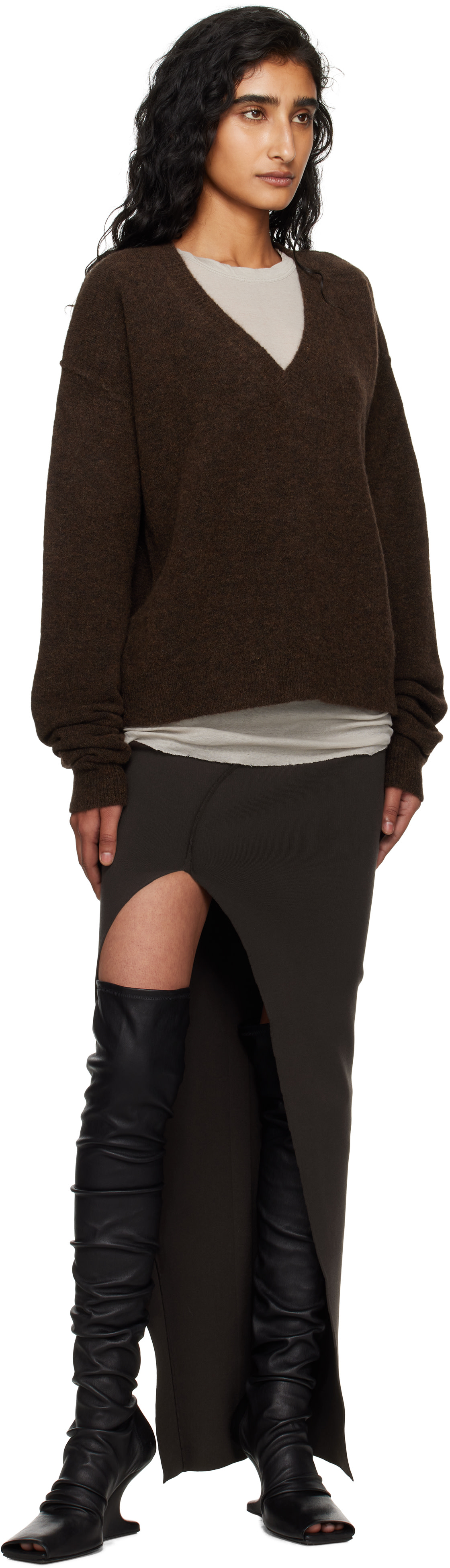 Rick Owens: Brown Concordians Tommy V-Neck Sweater | SSENSE