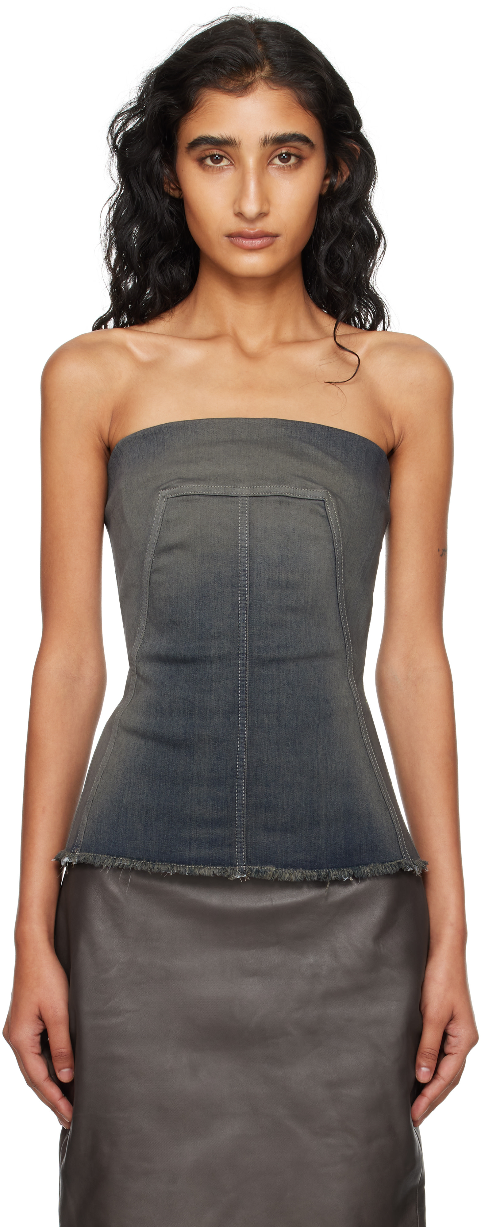Rick Owens: Gray Concordians Bustier Denim Top | SSENSE