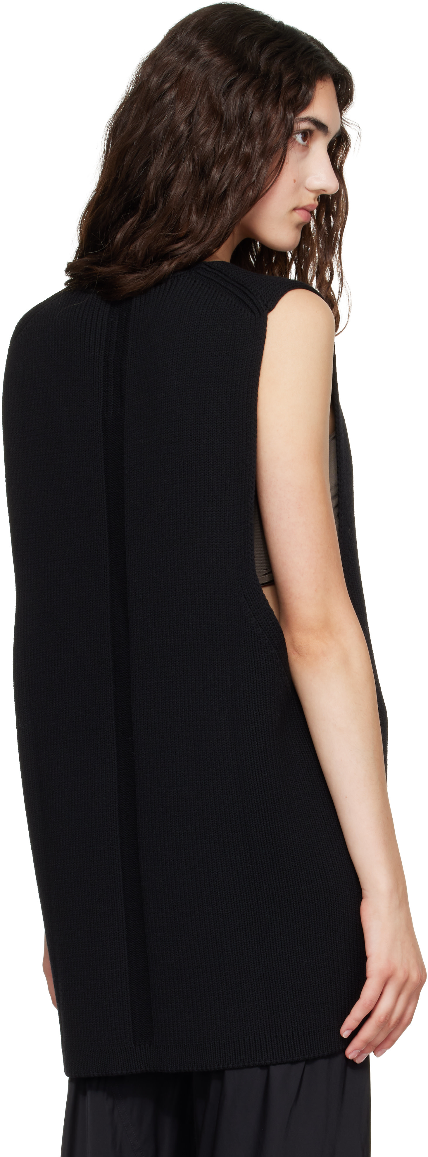Rick Owens: Black Tower Wool Knit V Neck Vest | SSENSE