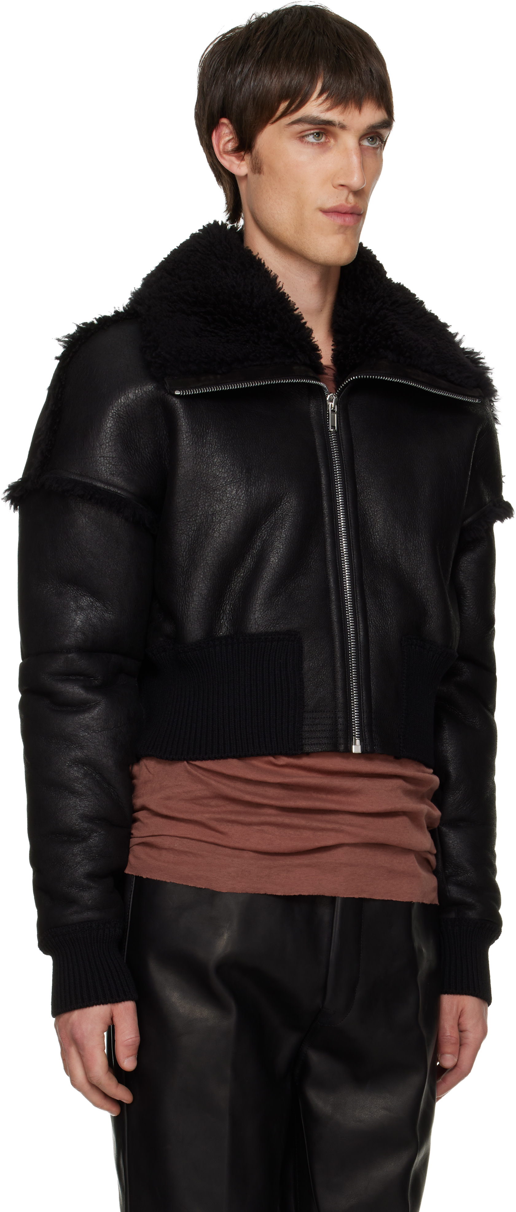 Rick Owens ブラック レザーブルゾン 値下げ交渉あり Rick Owens: ブラック Concordians Dracucollar シアリングジャケット
