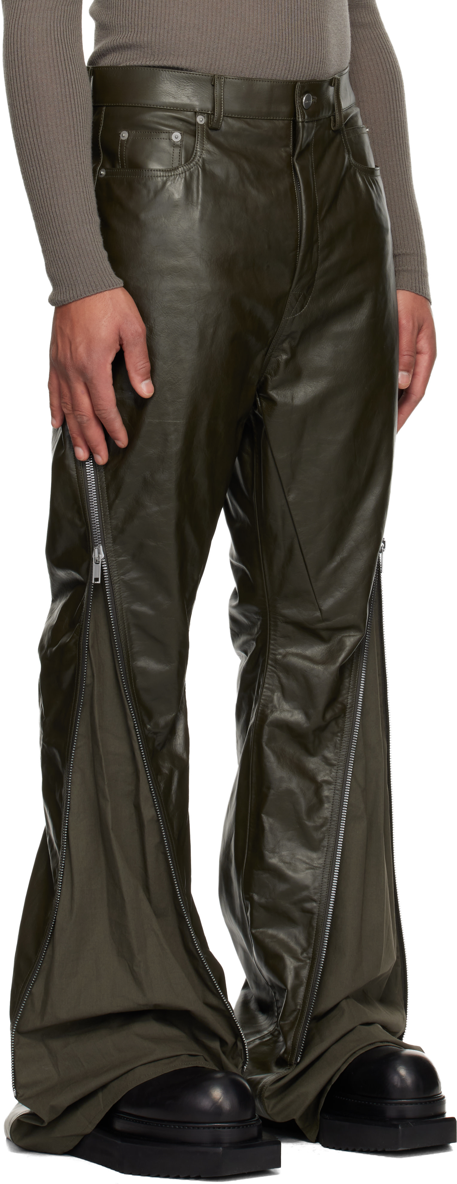 Rick Owens: カーキ Concordians Bolan Banana レザーパンツ | SSENSE 日本