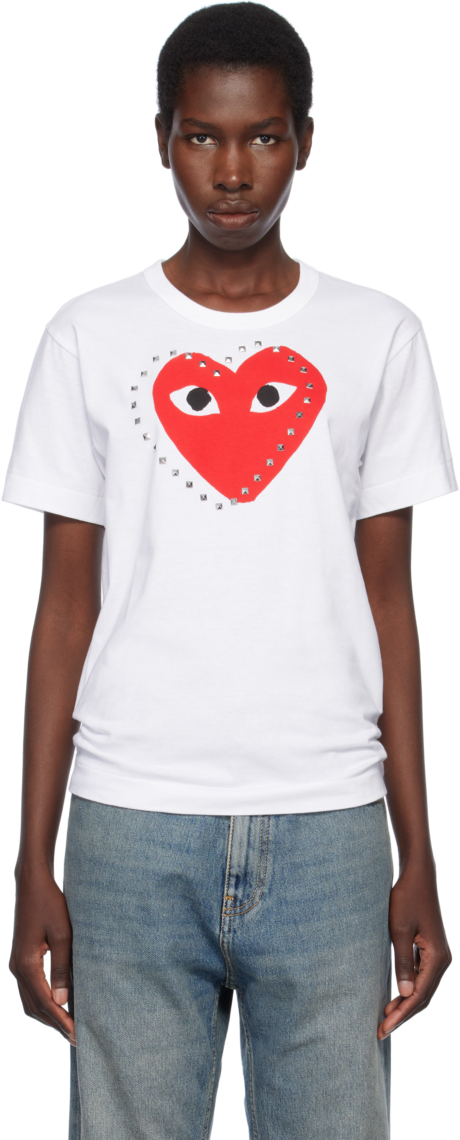 COMME des GARÇONS PLAY: White Stud Print Red Heart T-shirt | SSENSE