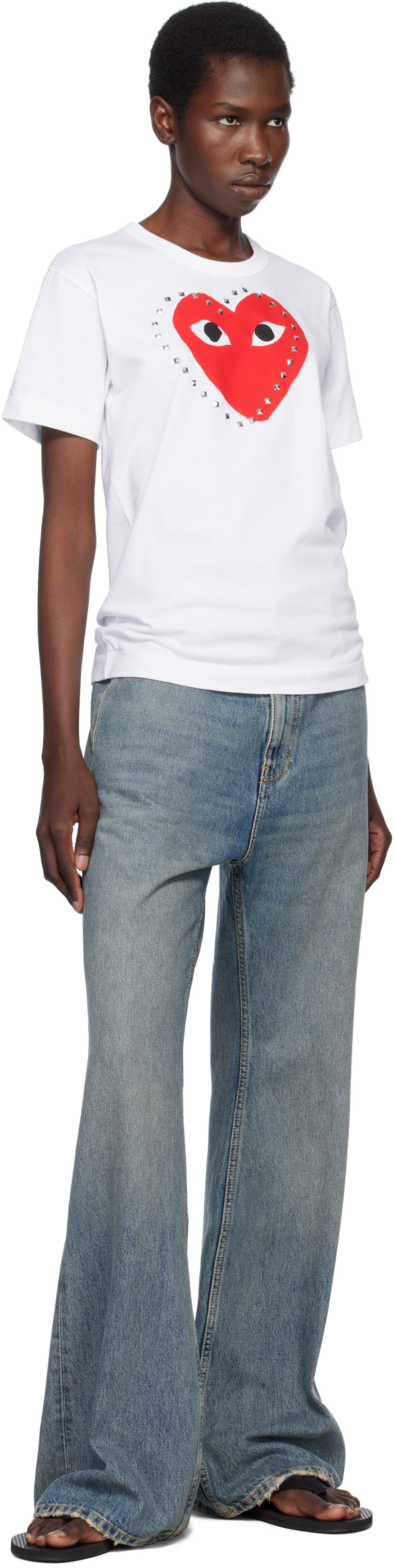 COMME des GARÇONS PLAY: ホワイト プリント レッドハート スタッズ T