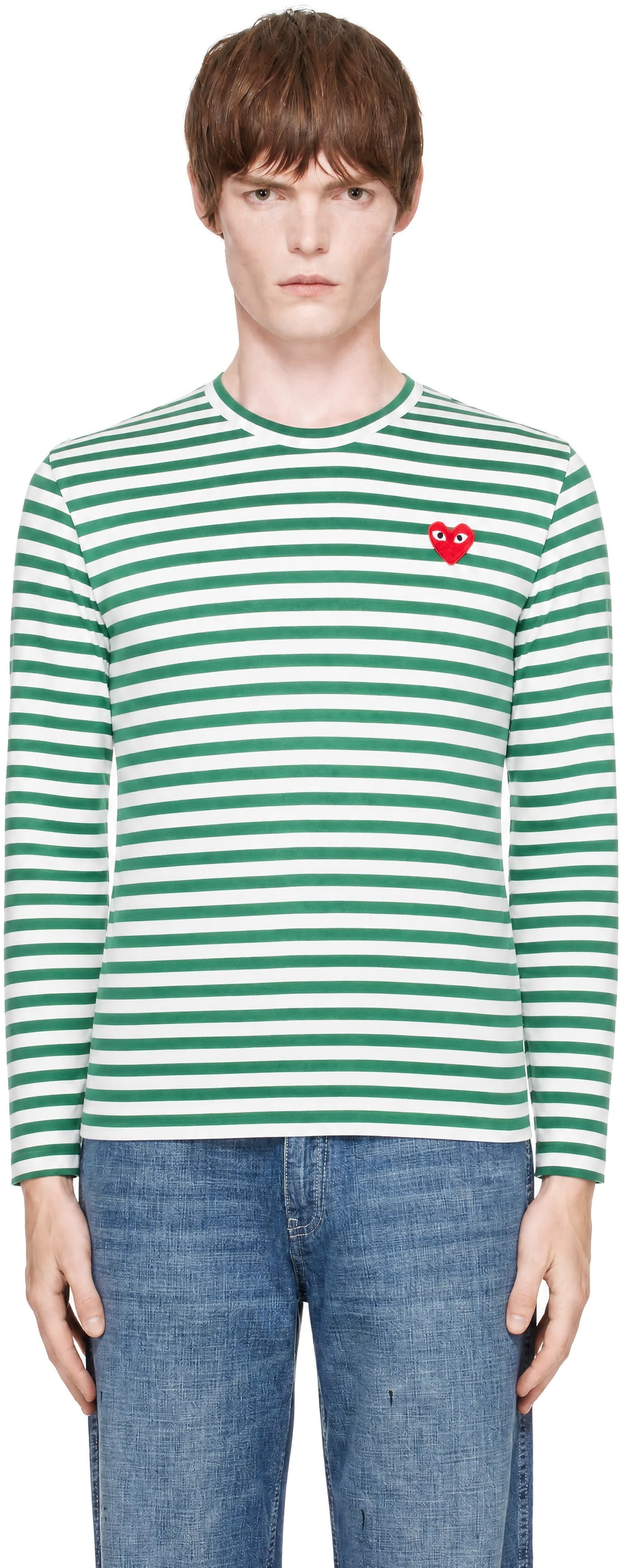 COMME des GARÇONS PLAY: Green & White Emblem Red Heart Long Sleeve