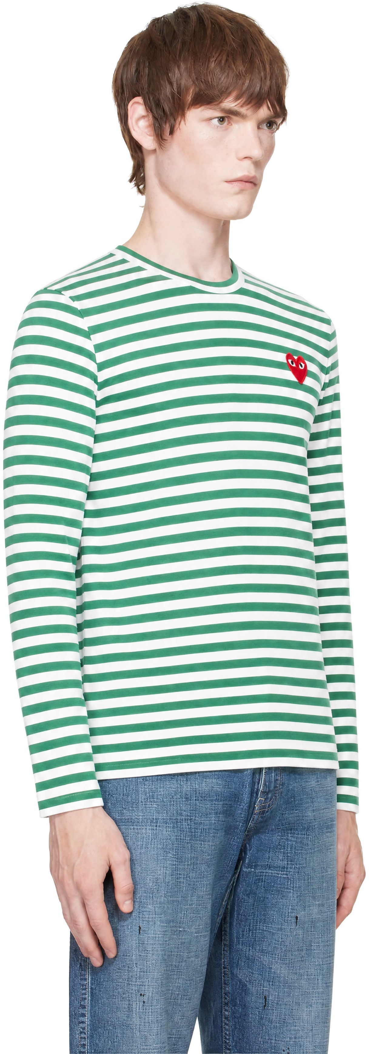 COMME des GARÇONS PLAY: Green & White Emblem Red Heart Long Sleeve