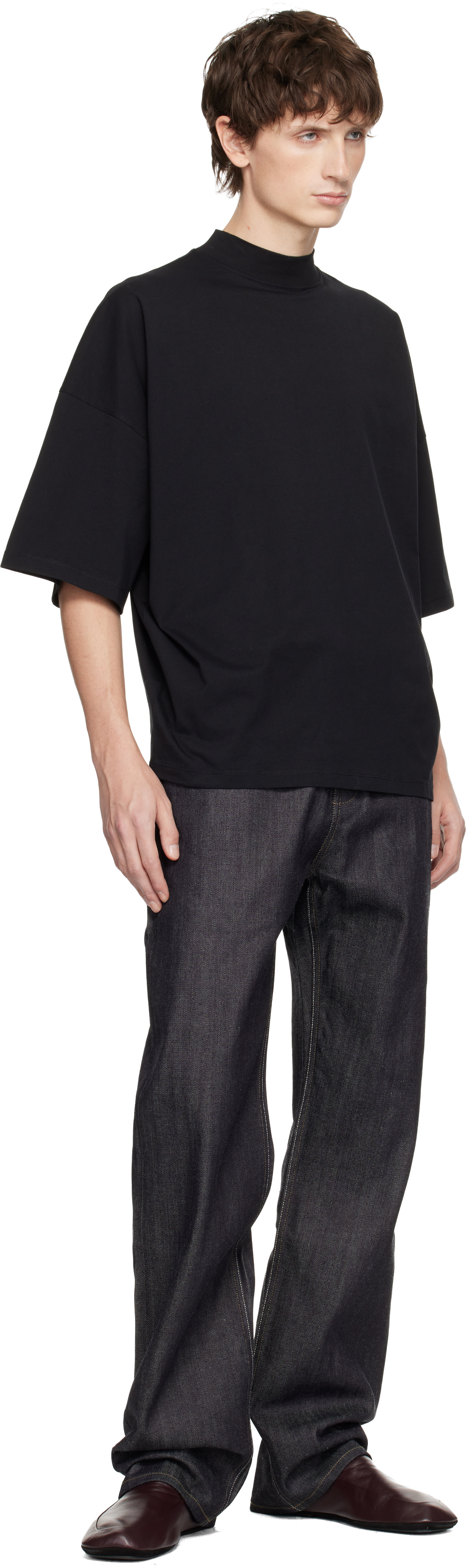 Jil Sander: ブラック コットン モックネック Tシャツ | SSENSE 日本