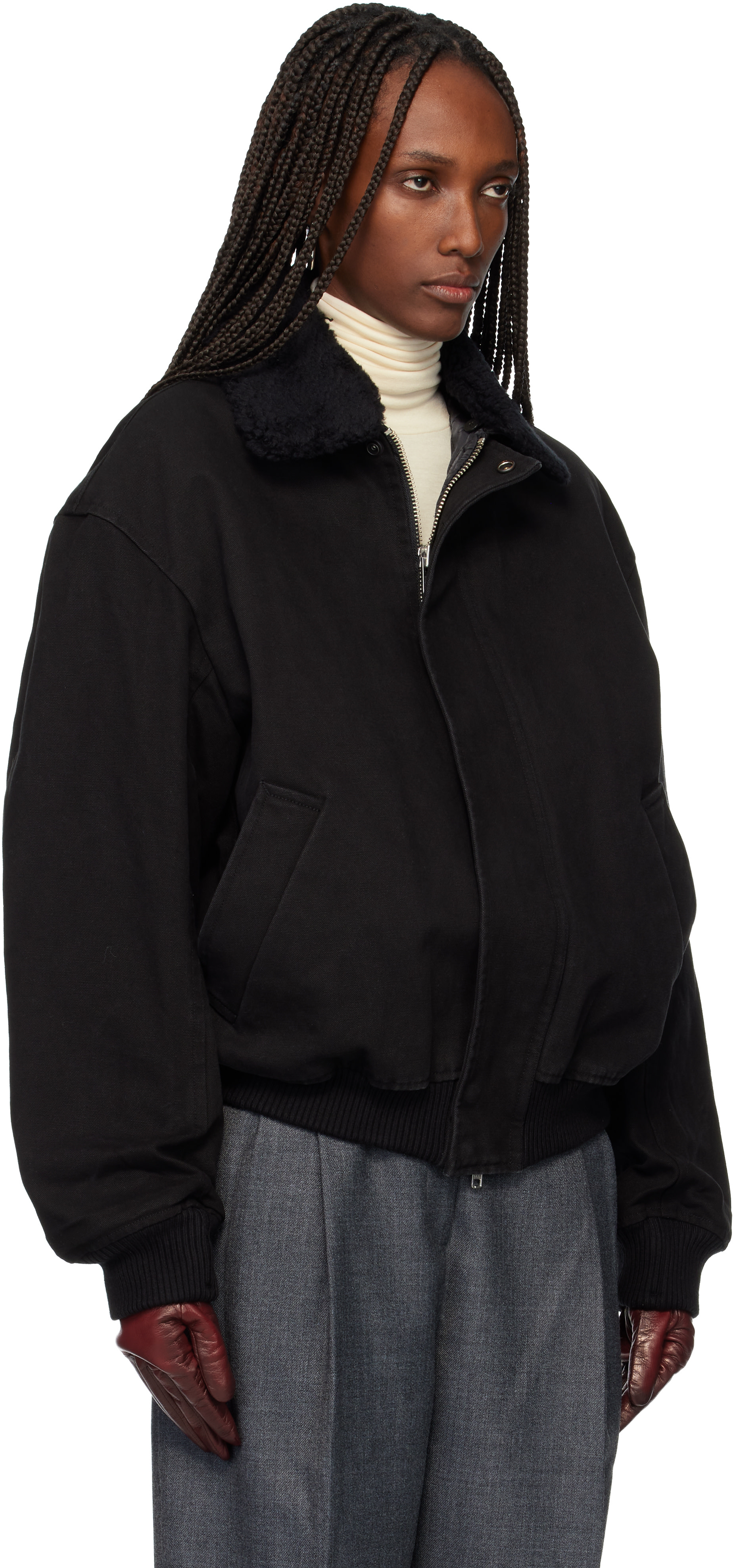 TONYWACK: Black Washed Cotton Faux-Shearling Trim Bomber Jacket