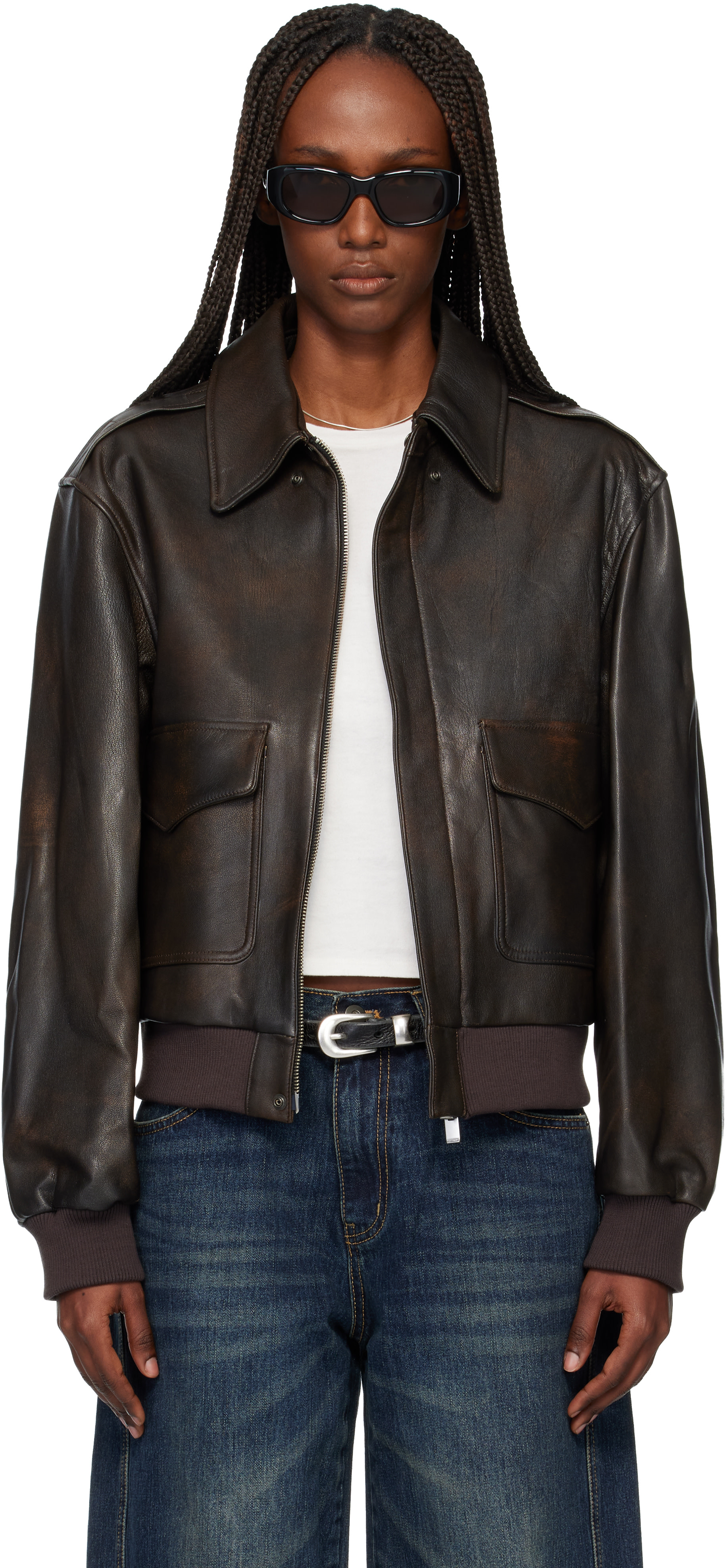 TONYWACK: Brown Goat Leather Aviator Jacket | SSENSE