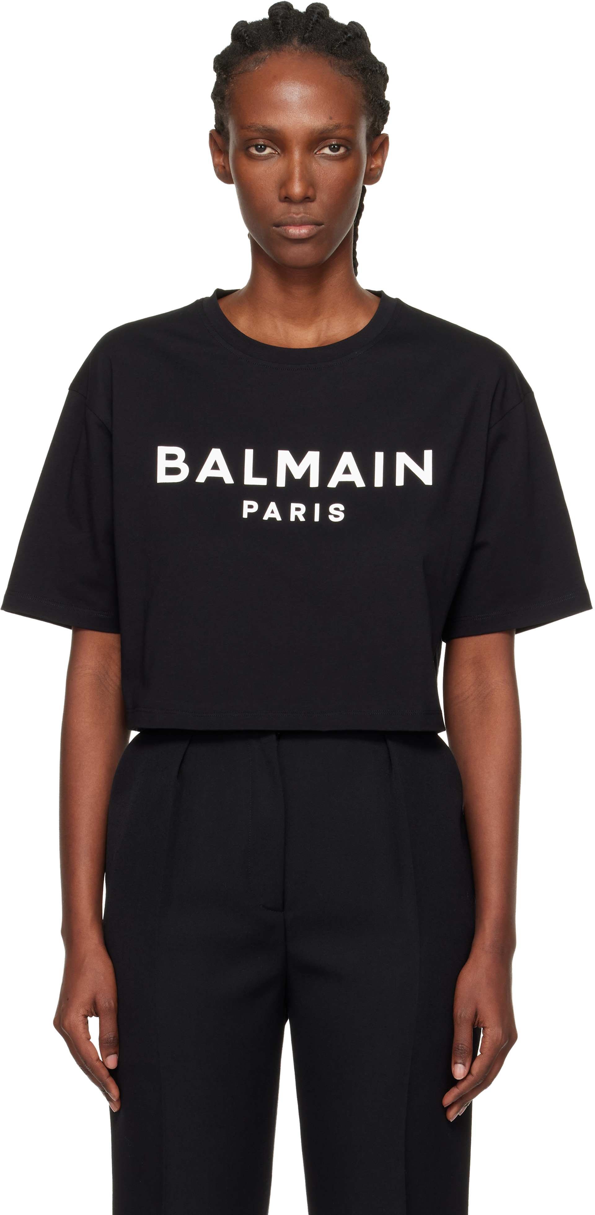 BALMAIN: Black 'Balmain Paris' Print T-shirt | SSENSE Canada