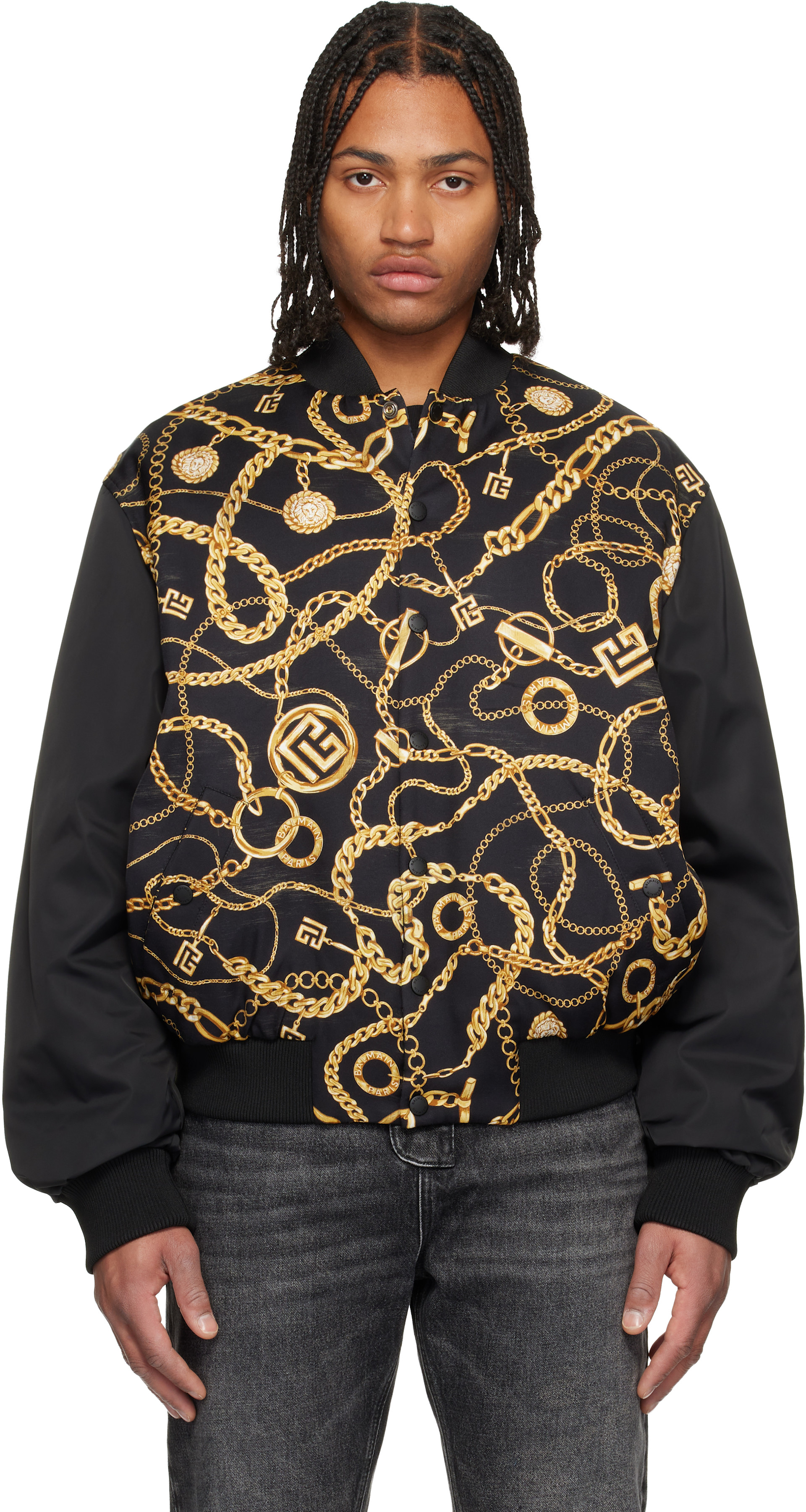 BALMAIN - Black Chaînes Pattern & Monogram Reversible Bomber Jacket