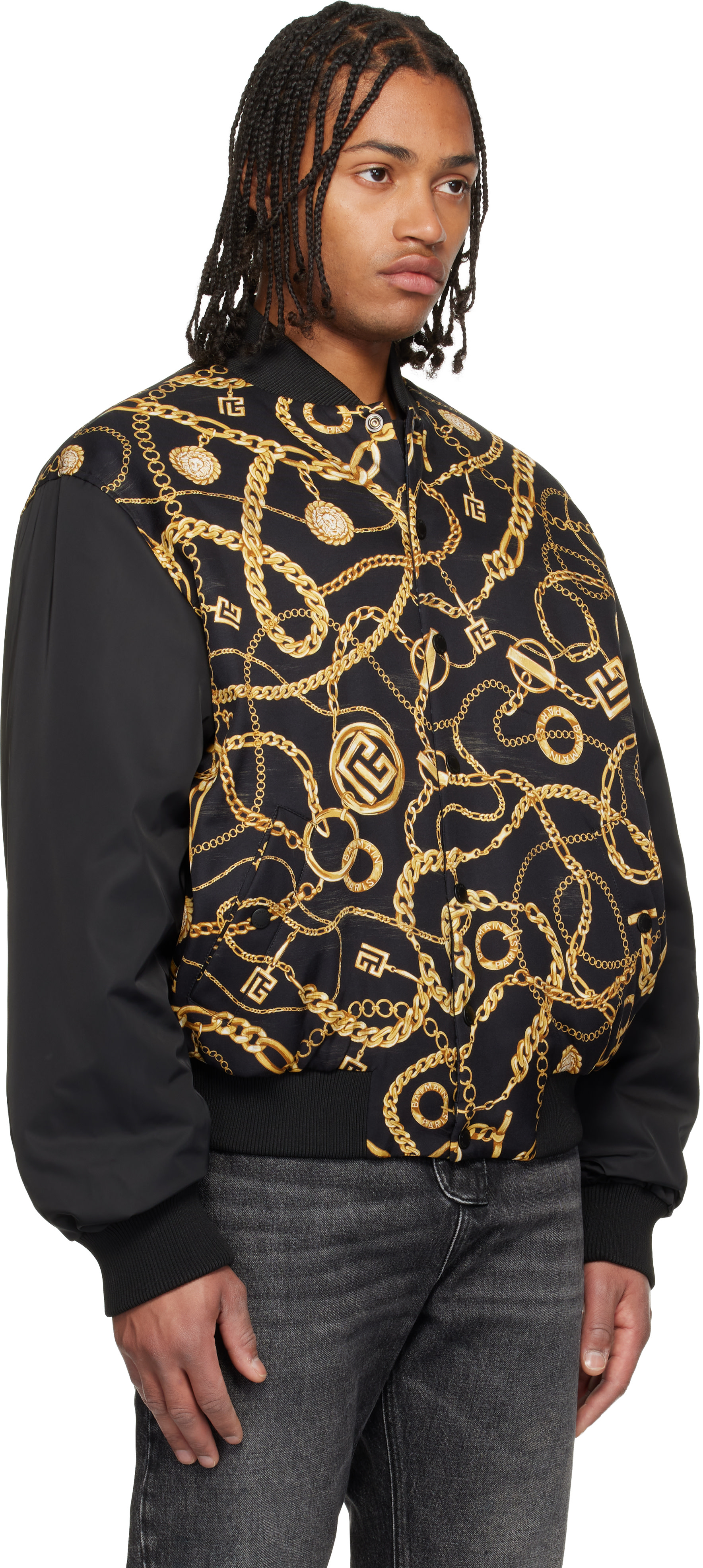 BALMAIN - Black Chaînes Pattern & Monogram Reversible Bomber Jacket