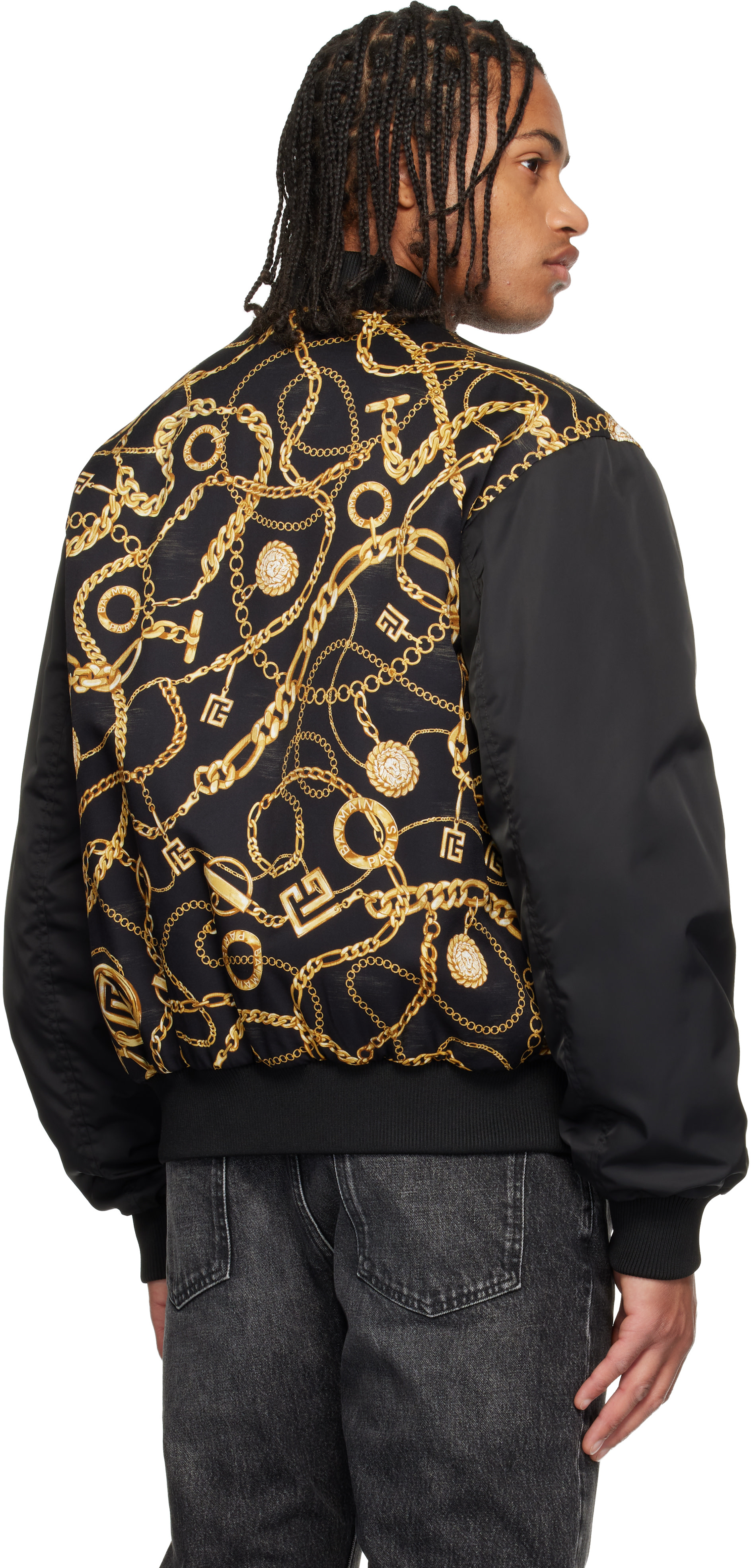 BALMAIN - Black Chaînes Pattern & Monogram Reversible Bomber Jacket