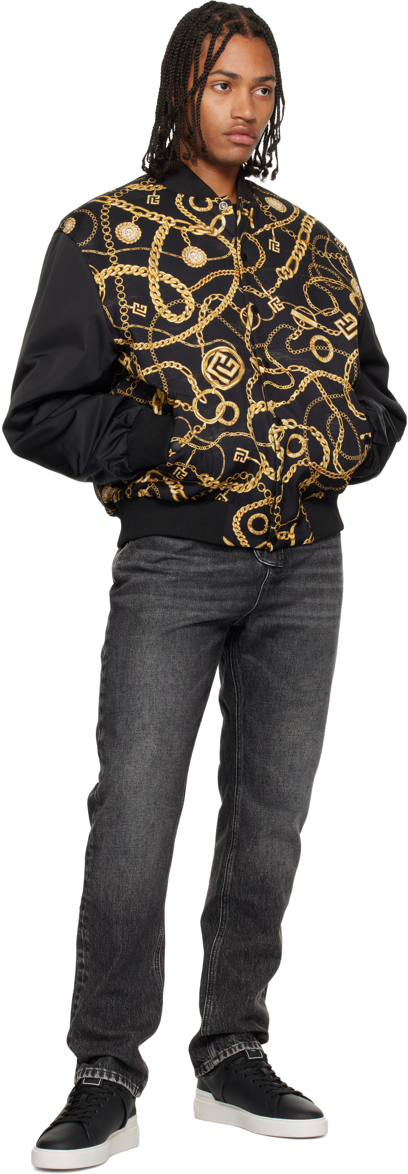 BALMAIN - Black Chaînes Pattern & Monogram Reversible Bomber Jacket