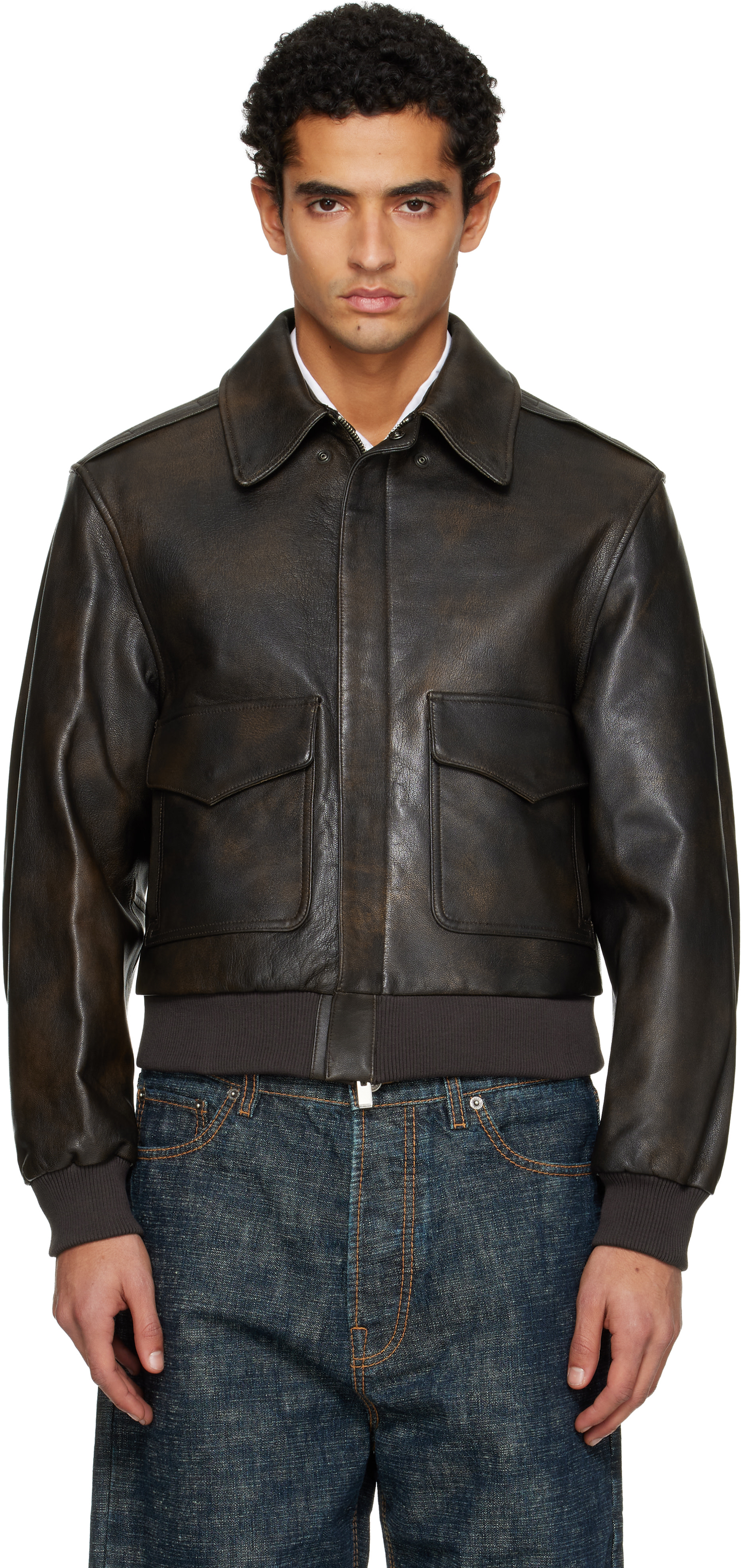 TONYWACK: Brown Aviator Goat Leather Jacket | SSENSE United Kingdom