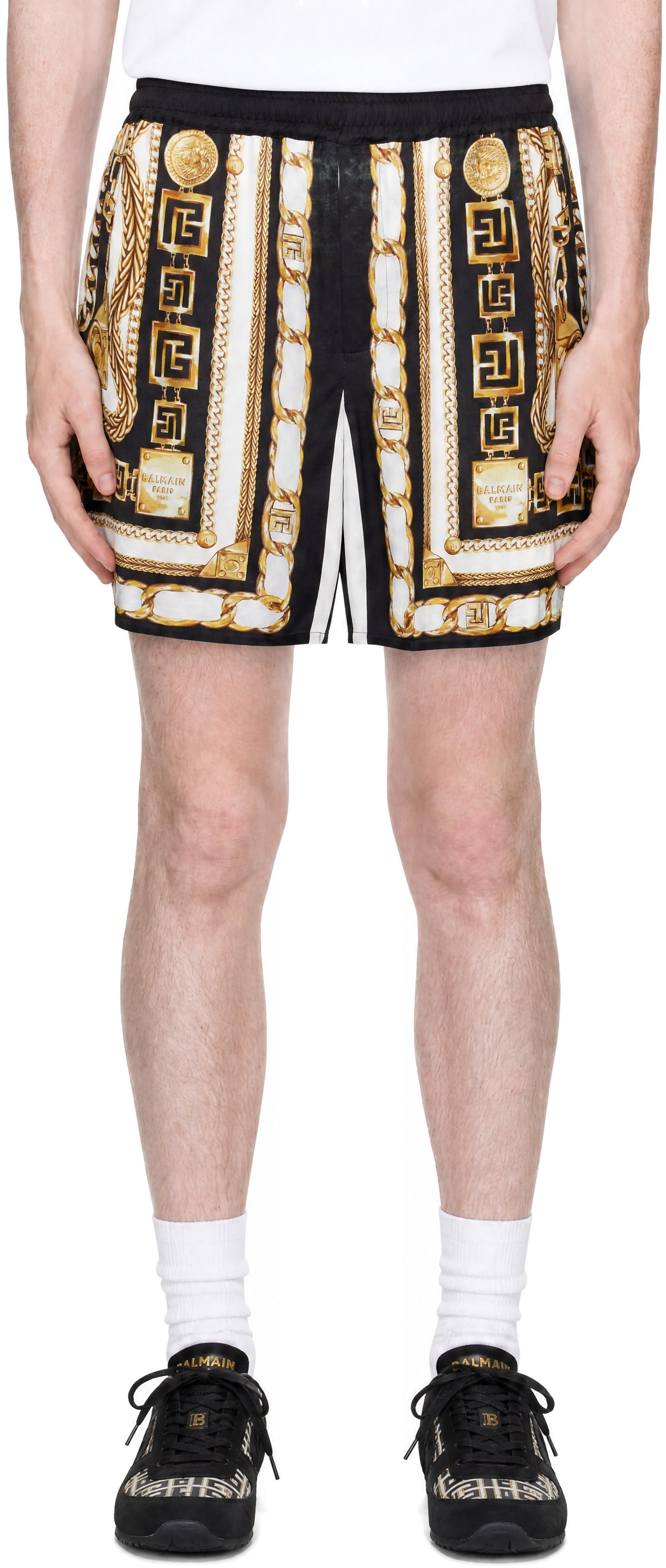 K*J様 美品 BALMAIN スウェット ショートパンツ 黒/白 XS バルマ Balmain: ブラック＆ゴールド Printed Foulard パジャマ ショート