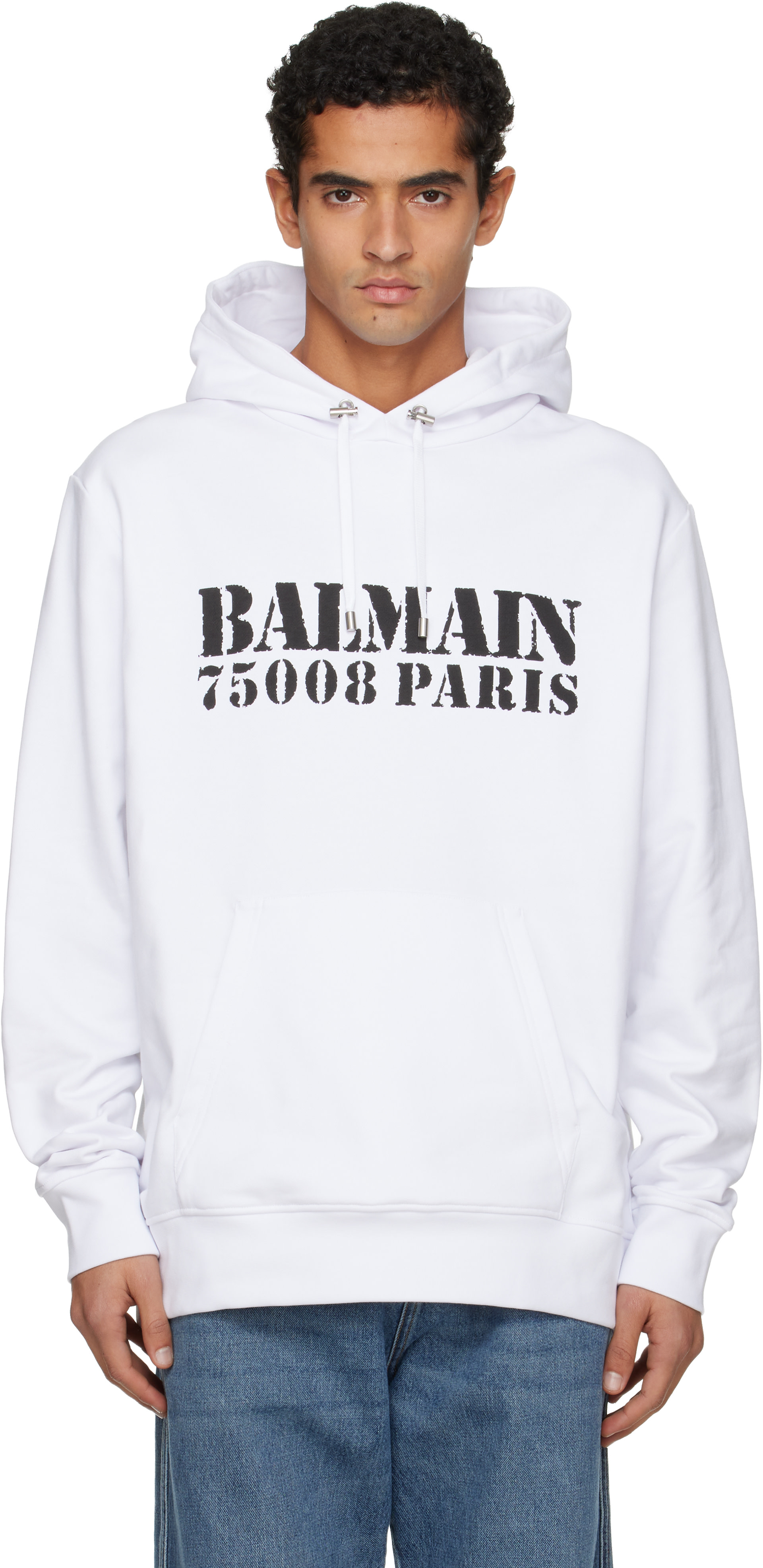 Balmain - Pull à capuche blanc à logo imprimé