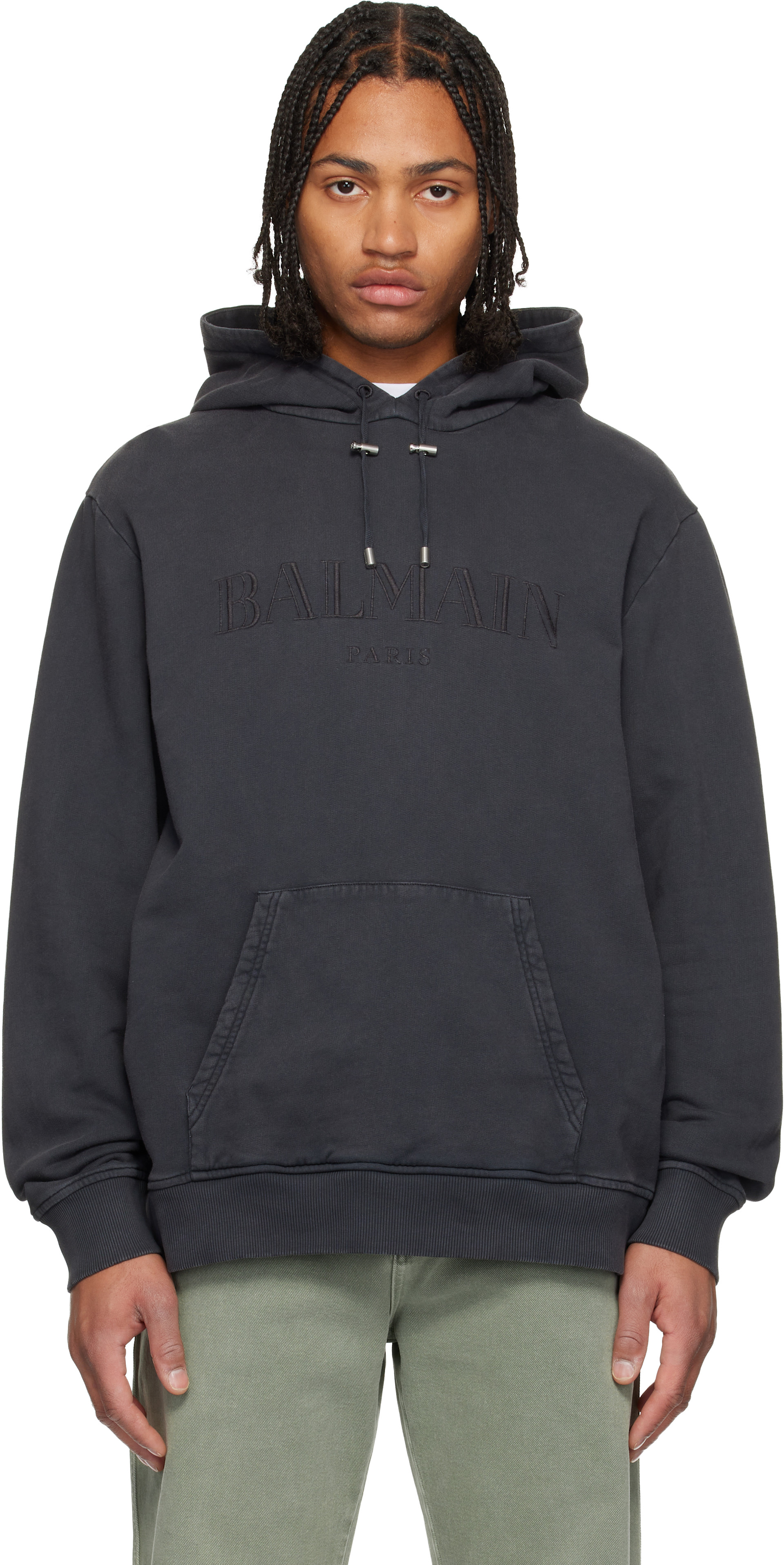 Balmain - Pull à capuche gris à logo rétro brodé