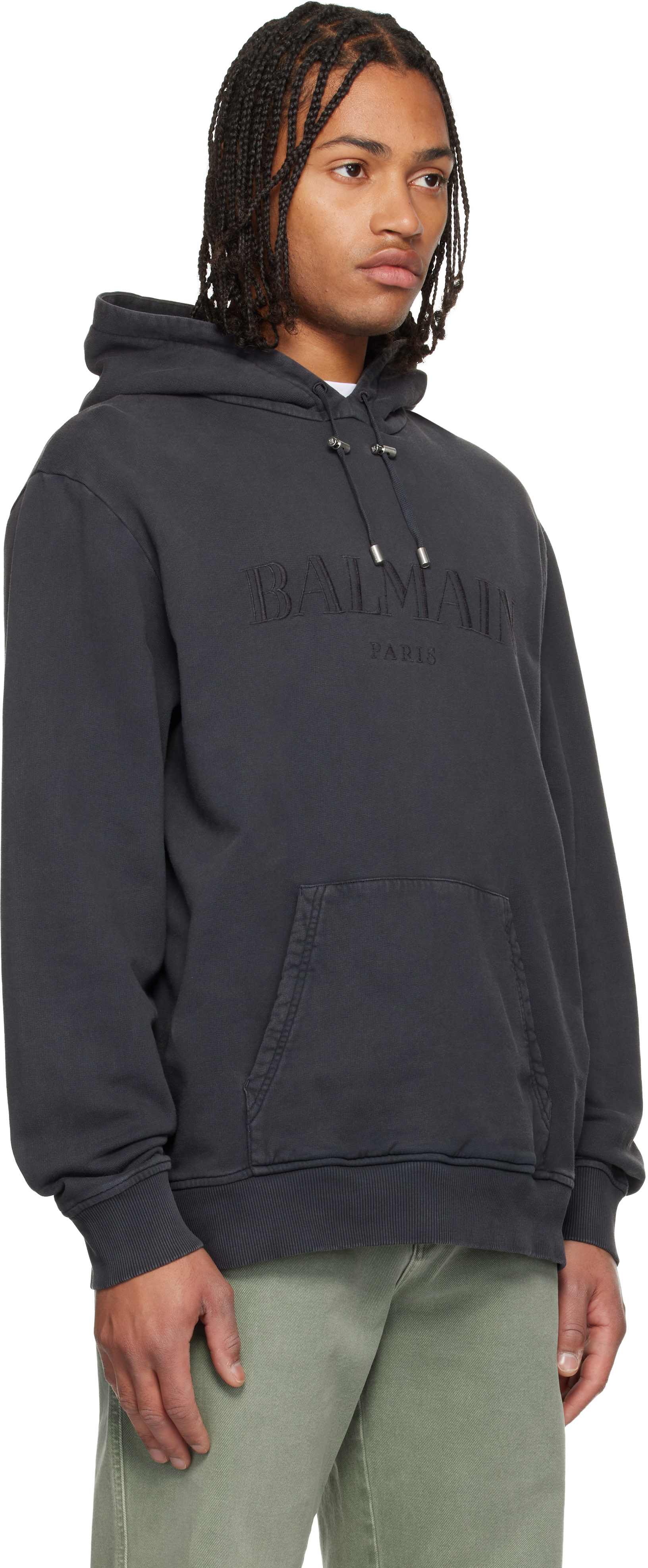 Balmain - Pull à capuche gris à logo rétro brodé