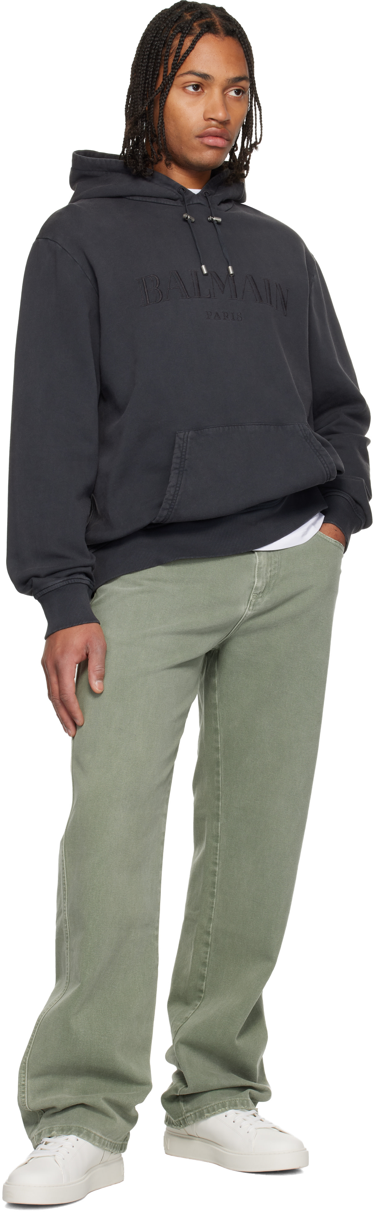 Balmain - Pull à capuche gris à logo rétro brodé